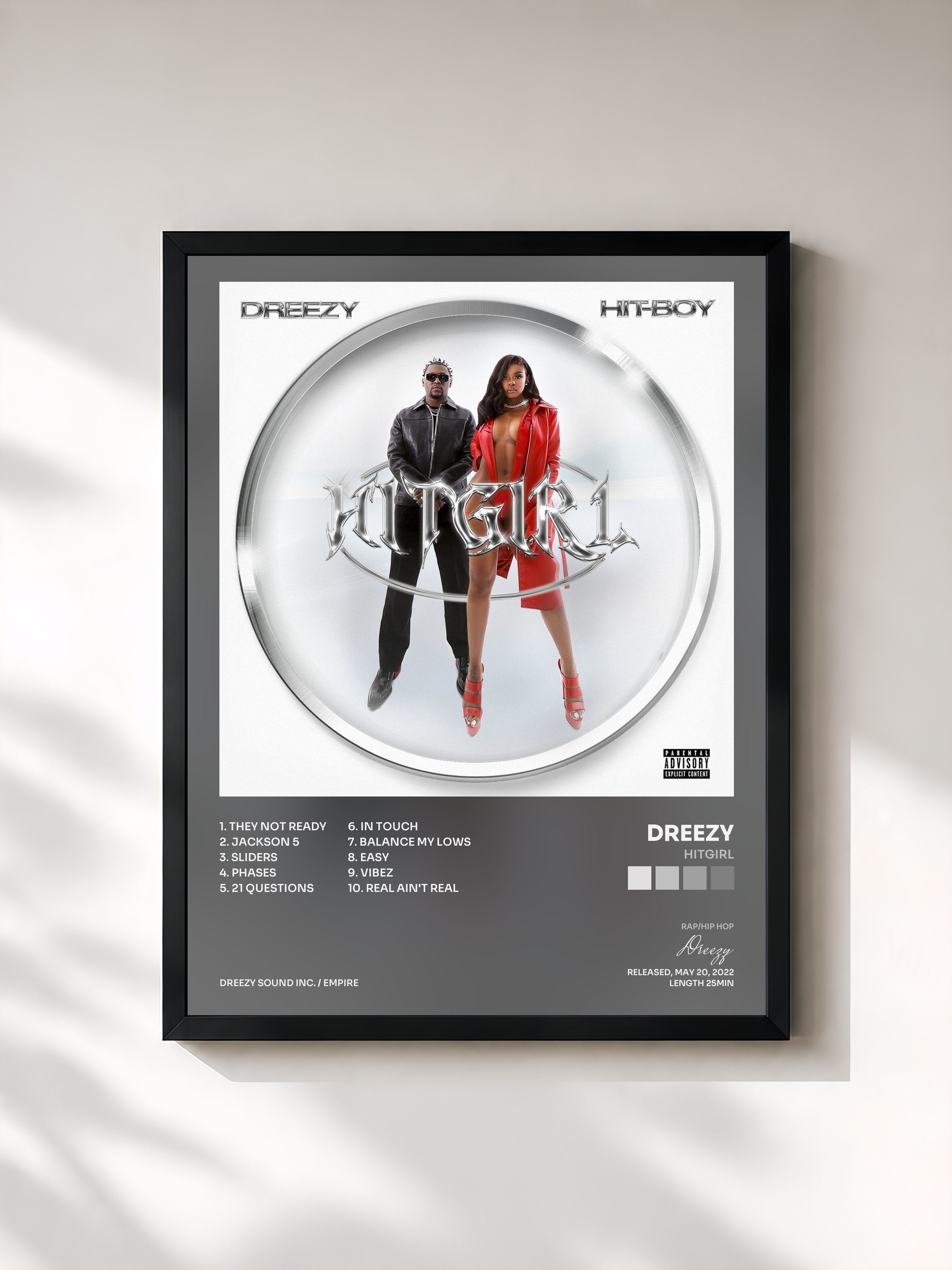 #noir Tableau de l'album HITGIRL de Dreezy, cadre noir, imprimé et encadré en France