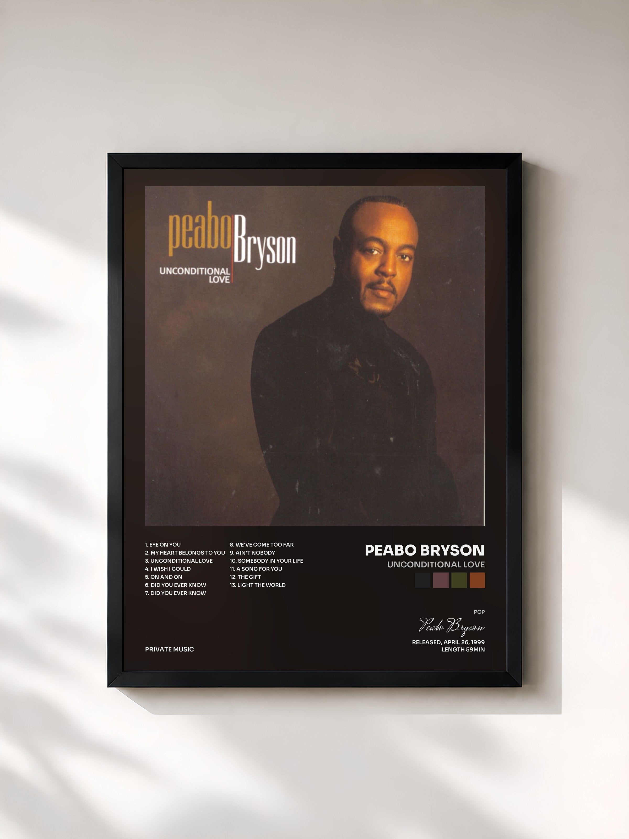 #noir Tableau de l'album Unconditional Love de Peabo Bryson, cadre noir, imprimé et encadré en France