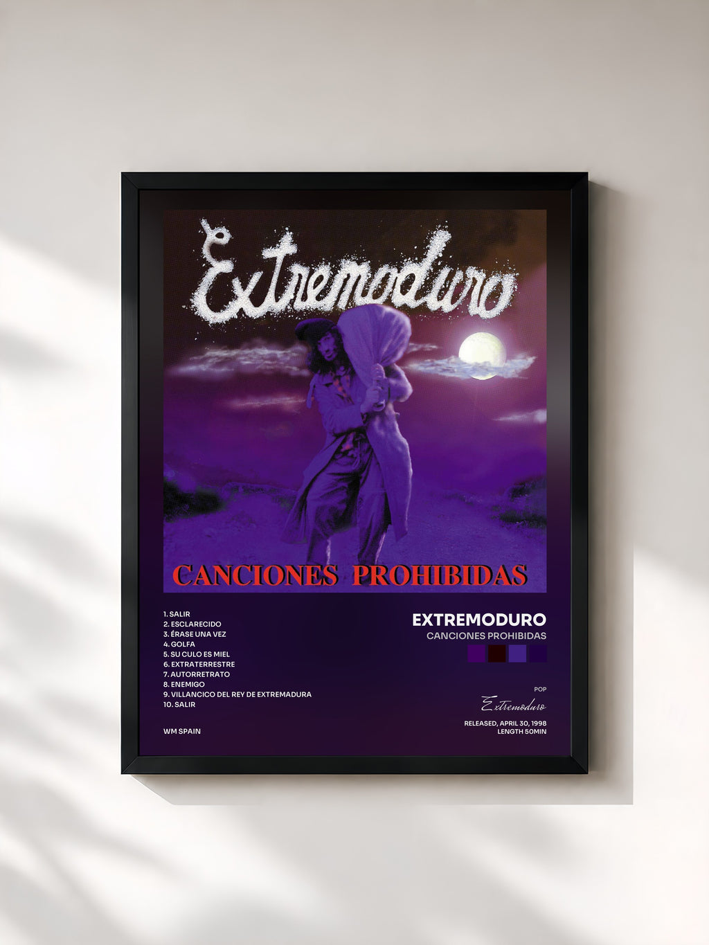 #noir Tableau de l'album Canciones Prohibidas de Extremoduro, cadre noir, imprimé et encadré en France