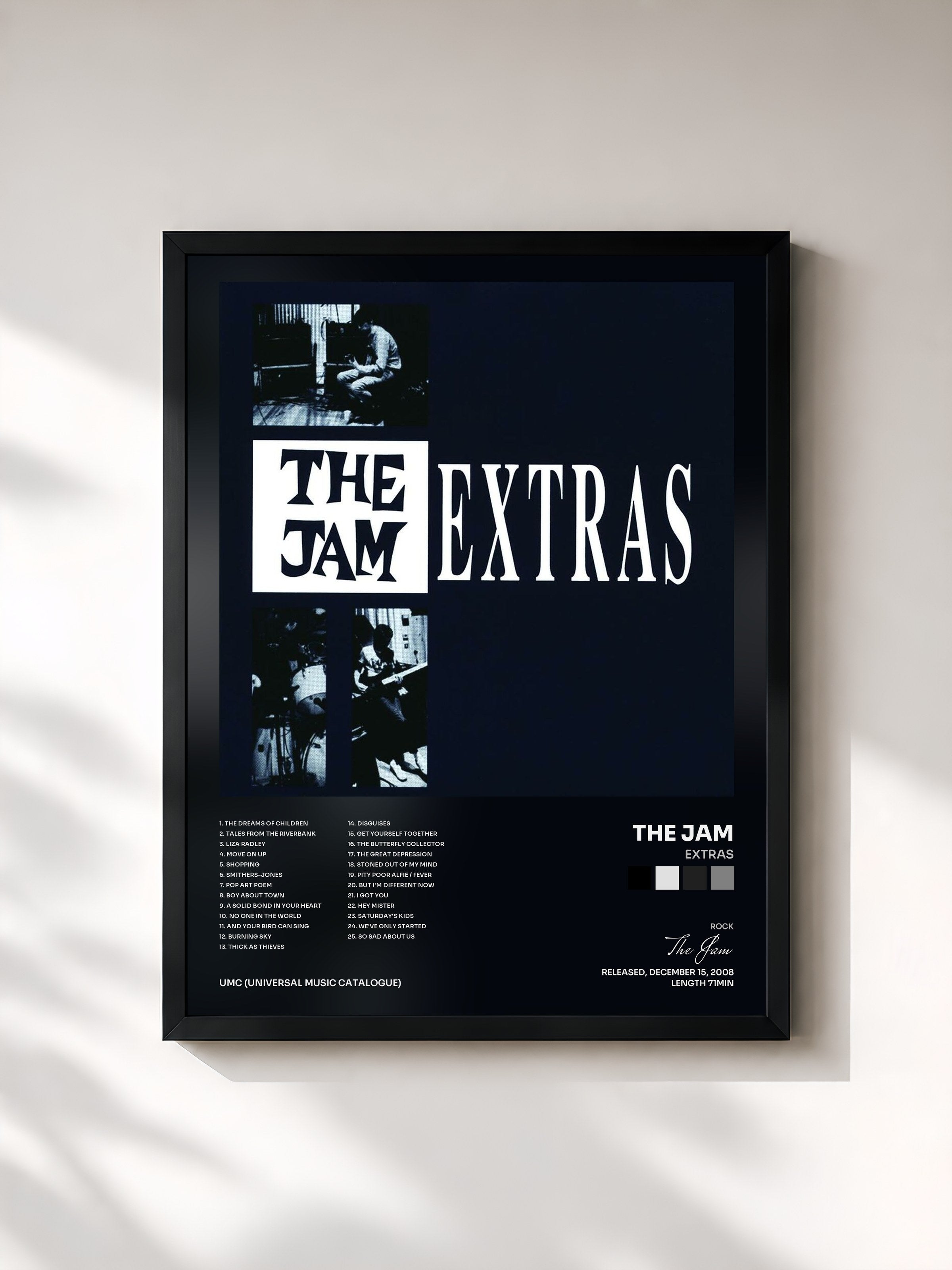 #noir Tableau de l'album Extras de The Jam, cadre noir, imprimé et encadré en France