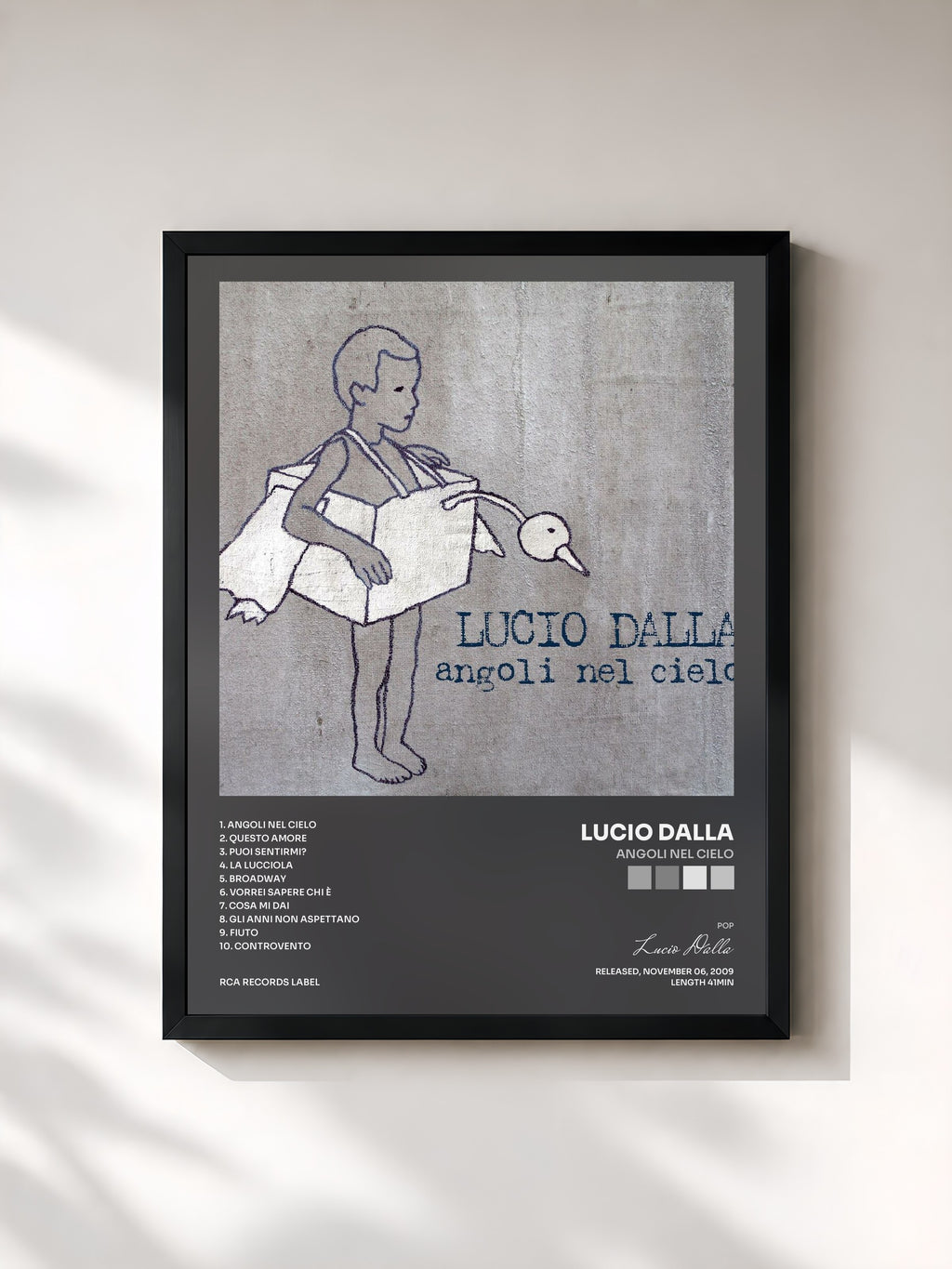 #noir Tableau de l'album Angoli Nel Cielo de Lucio Dalla, cadre noir, imprimé et encadré en France