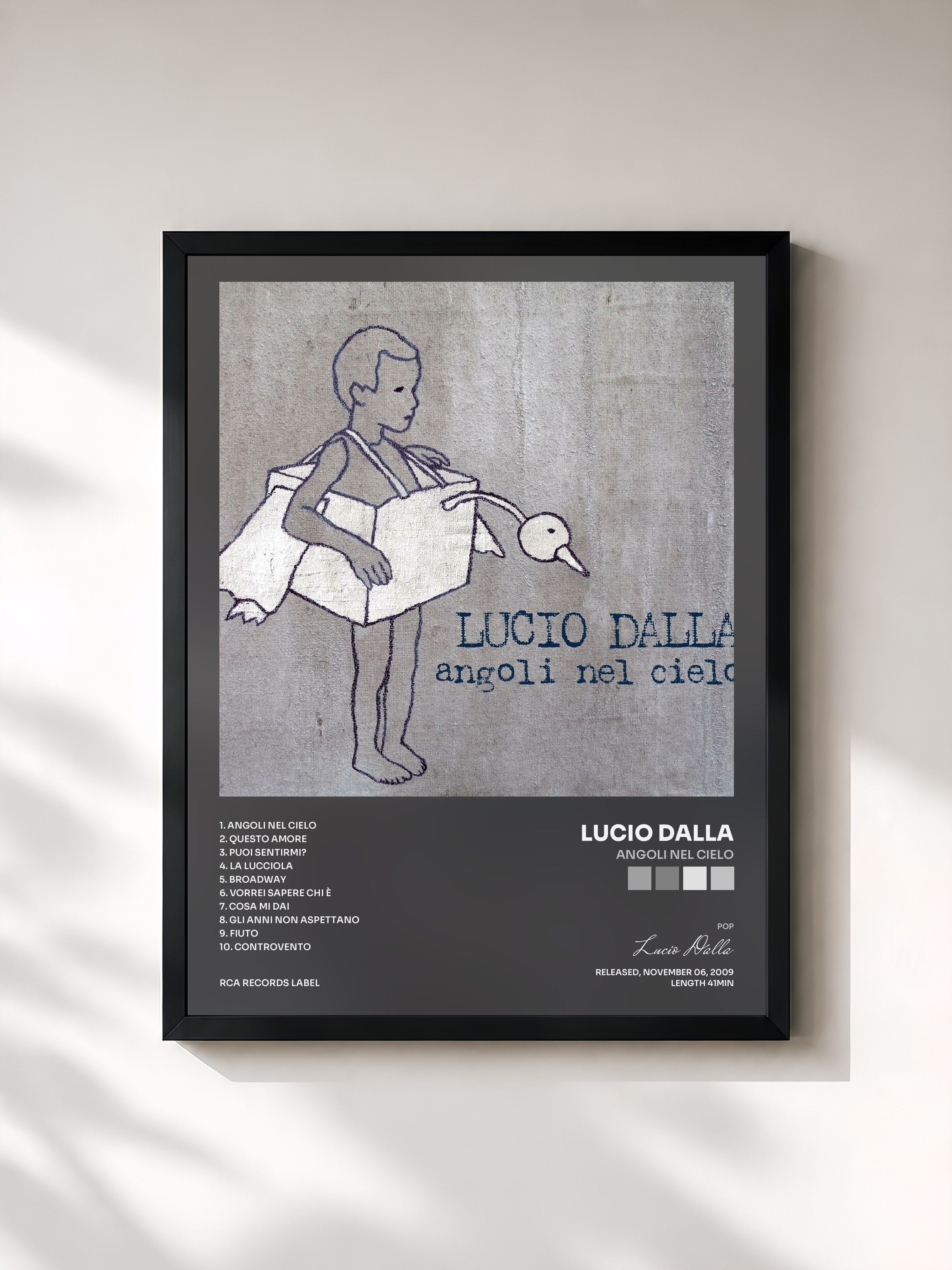 #noir Tableau de l'album Angoli Nel Cielo de Lucio Dalla, cadre noir, imprimé et encadré en France
