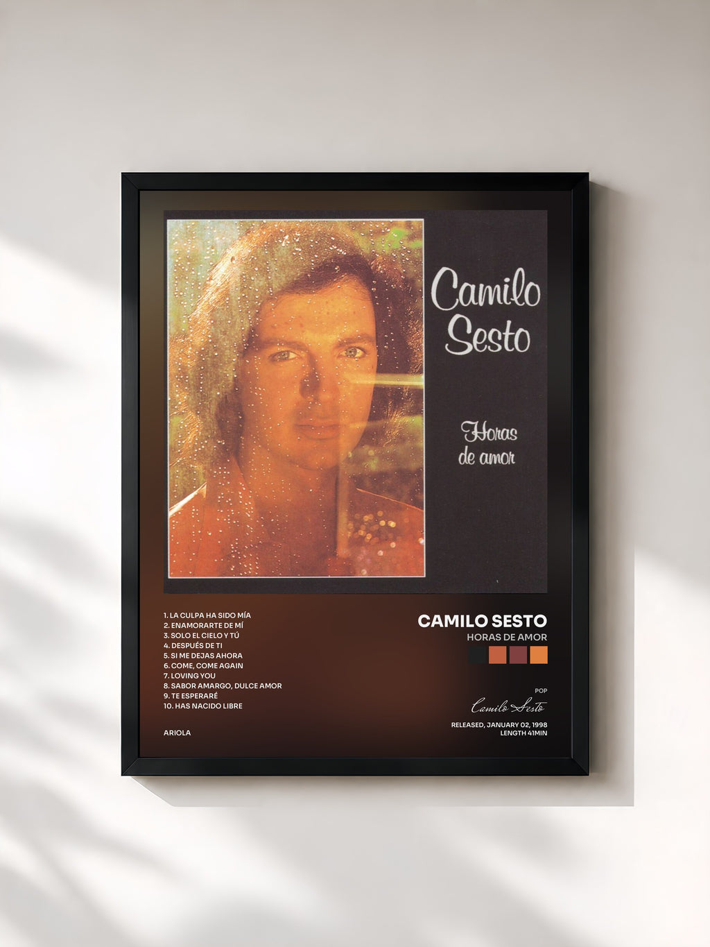 #noir Tableau de l'album Horas de Amor de Camilo Sesto, cadre noir, imprimé et encadré en France