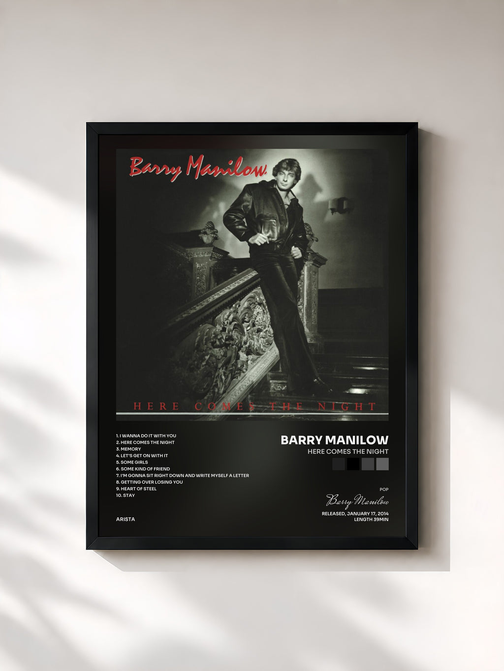 #noir Tableau de l'album Here Comes the Night de Barry Manilow, cadre noir, imprimé et encadré en France