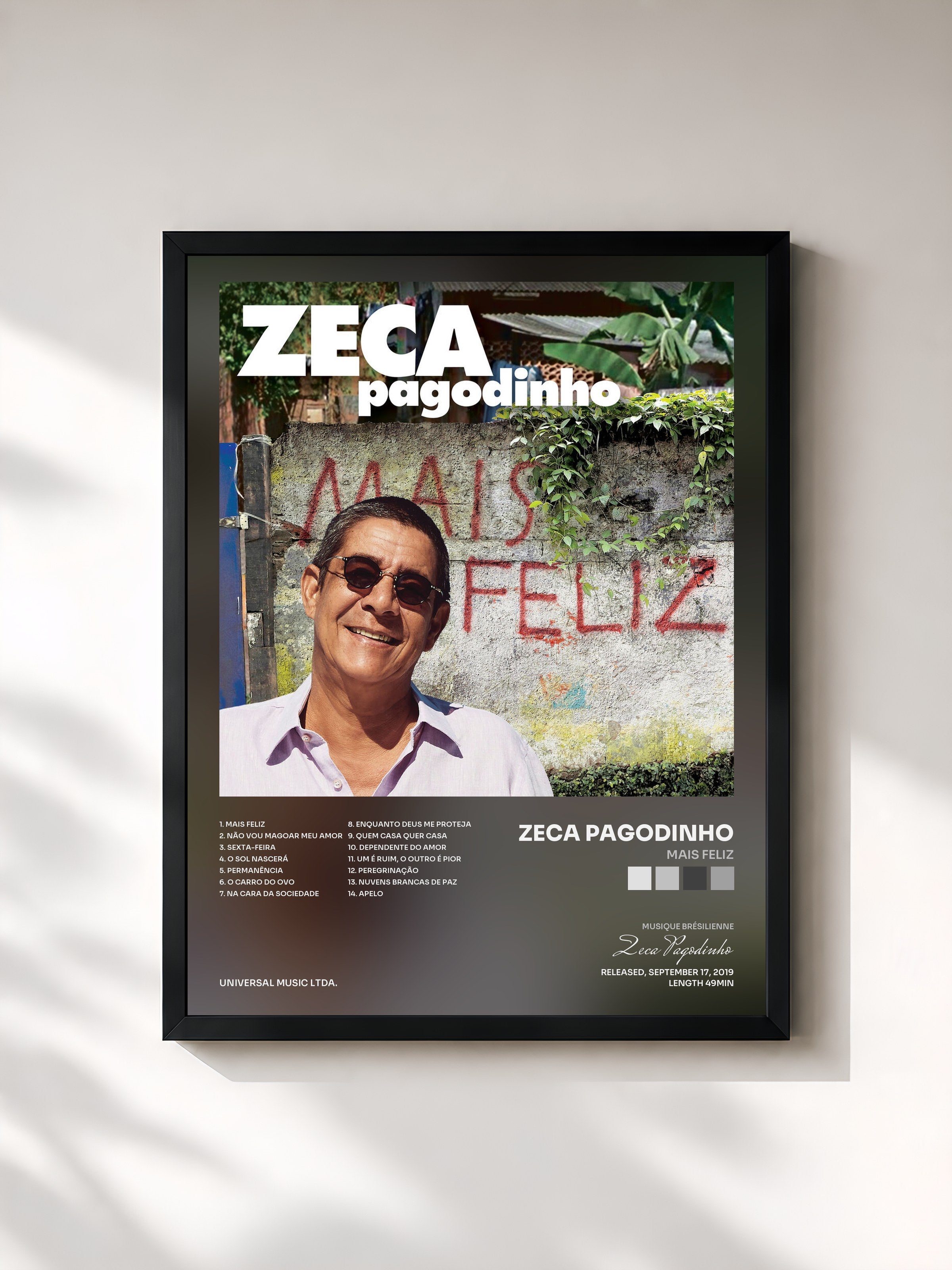 #noir Tableau de l'album Mais Feliz de Zeca Pagodinho, cadre noir, imprimé et encadré en France