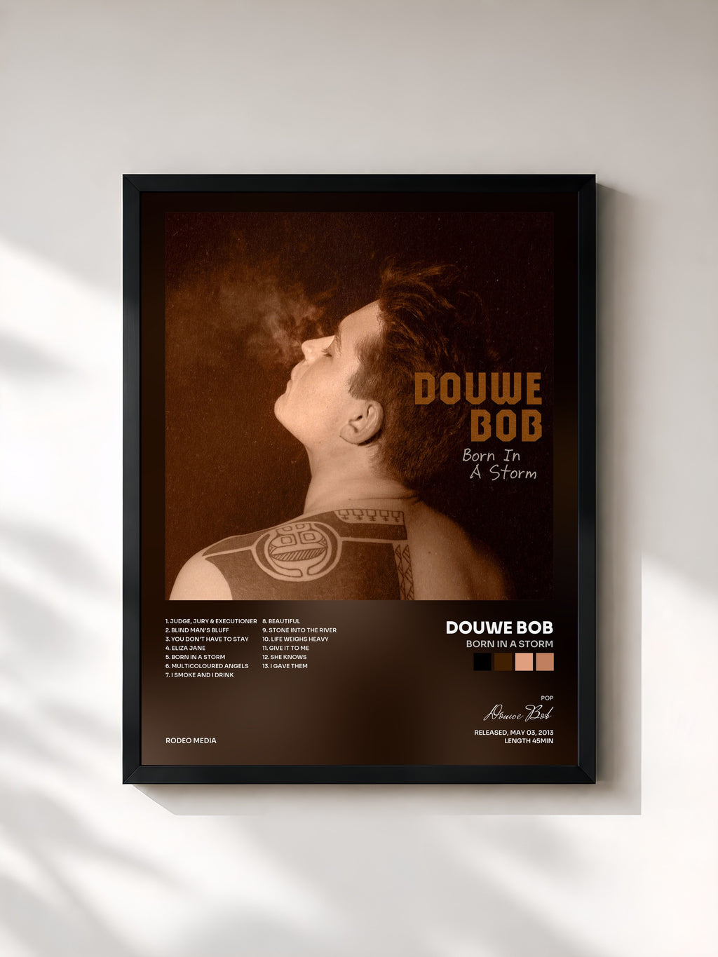 #noir Tableau de l'album Born In A Storm de Douwe Bob, cadre noir, imprimé et encadré en France