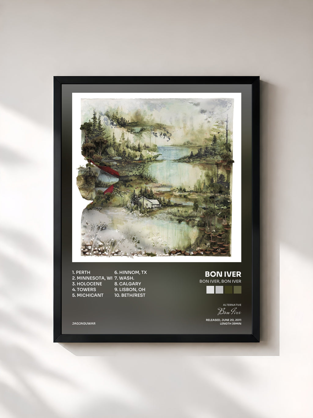 #noir Tableau de l'album Bon Iver, Bon Iver de Bon Iver, cadre noir, imprimé et encadré en France