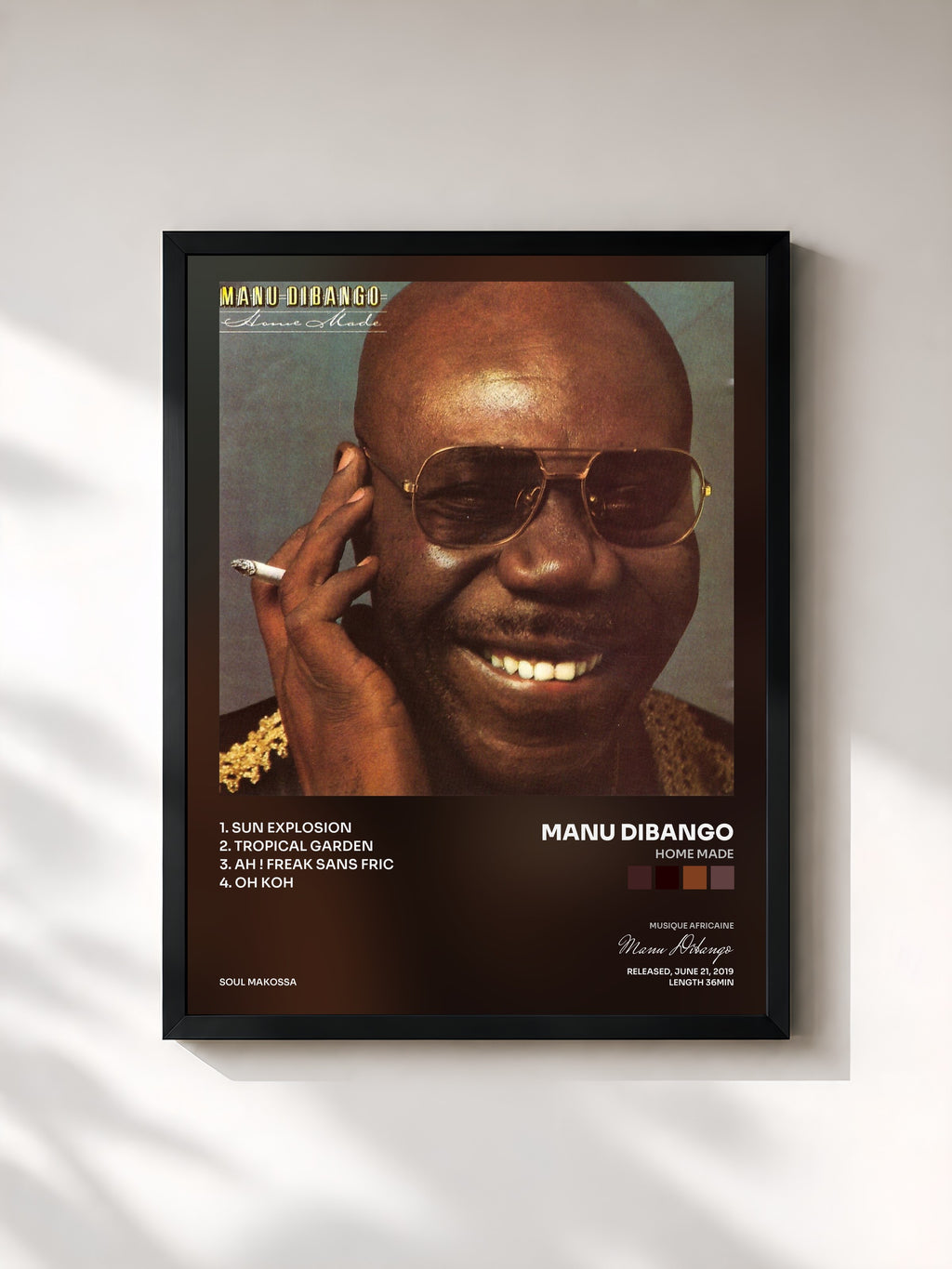 #noir Tableau de l'album Home Made de Manu Dibango, cadre noir, imprimé et encadré en France
