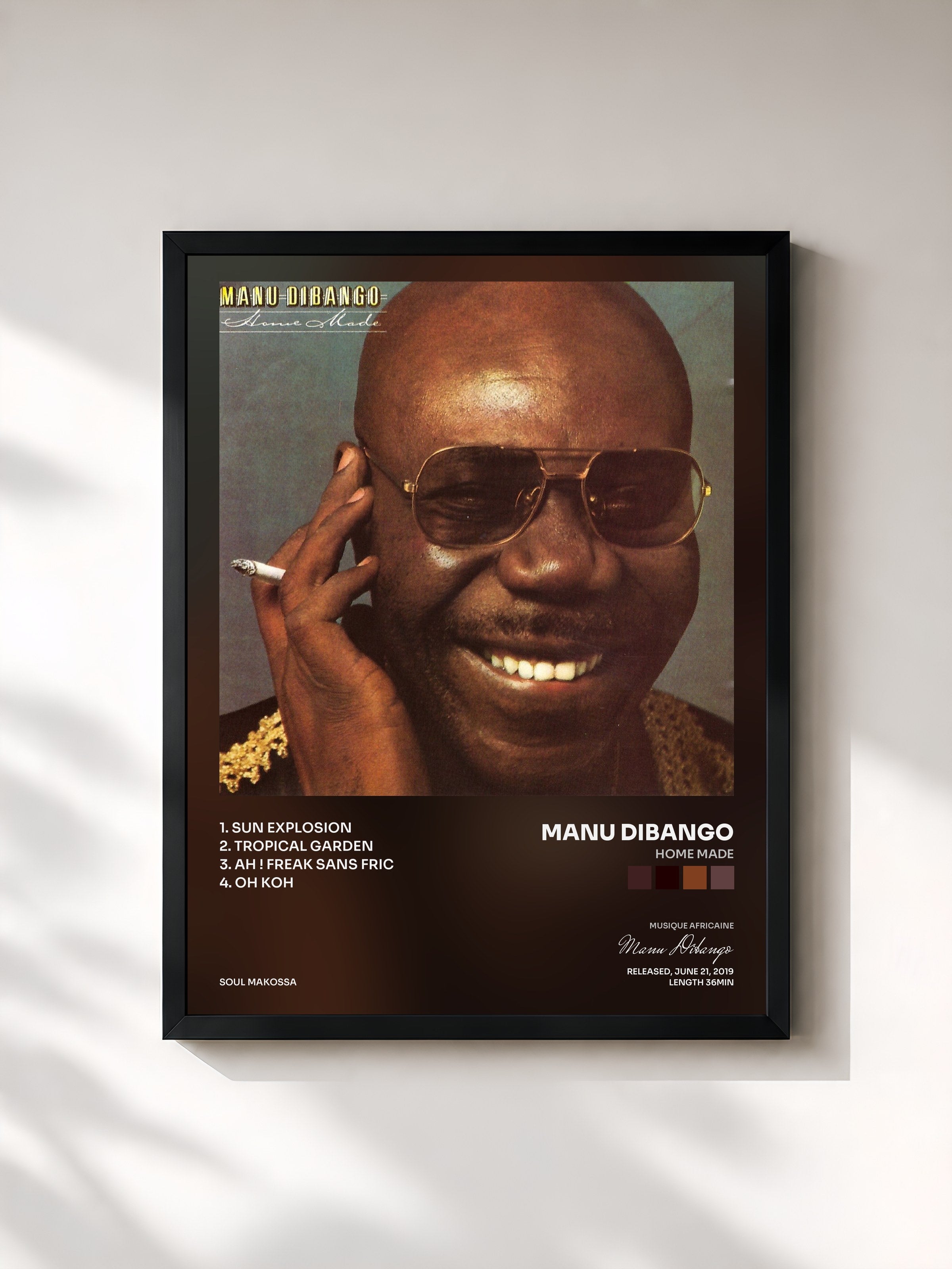 #noir Tableau de l'album Home Made de Manu Dibango, cadre noir, imprimé et encadré en France