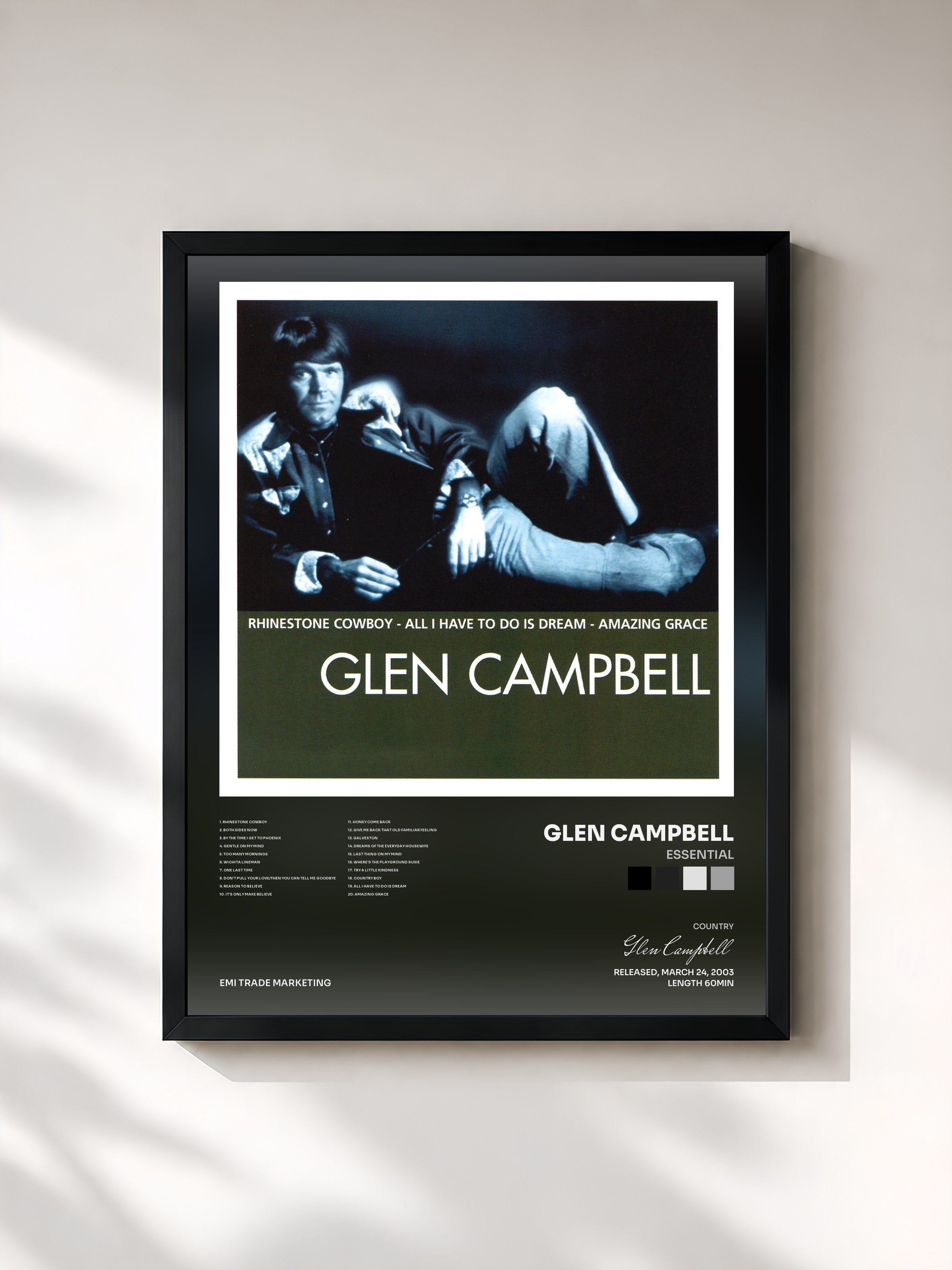 #noir Tableau de l'album Essential de Glen Campbell, cadre noir, imprimé et encadré en France