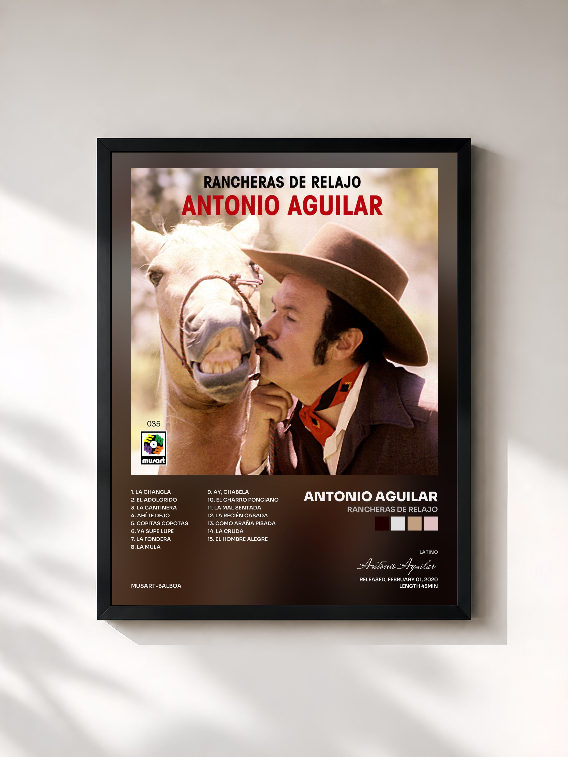 #noir Tableau de l'album Rancheras de Relajo de Antonio Aguilar, cadre noir, imprimé et encadré en France