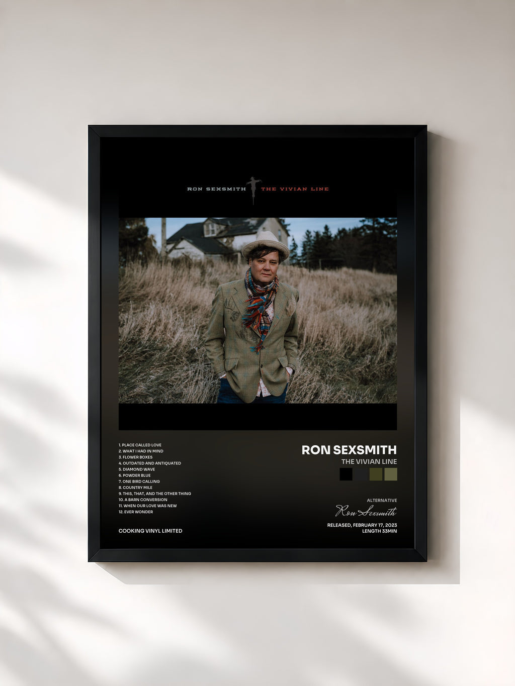 #noir Tableau de l'album The Vivian Line de Ron Sexsmith, cadre noir, imprimé et encadré en France