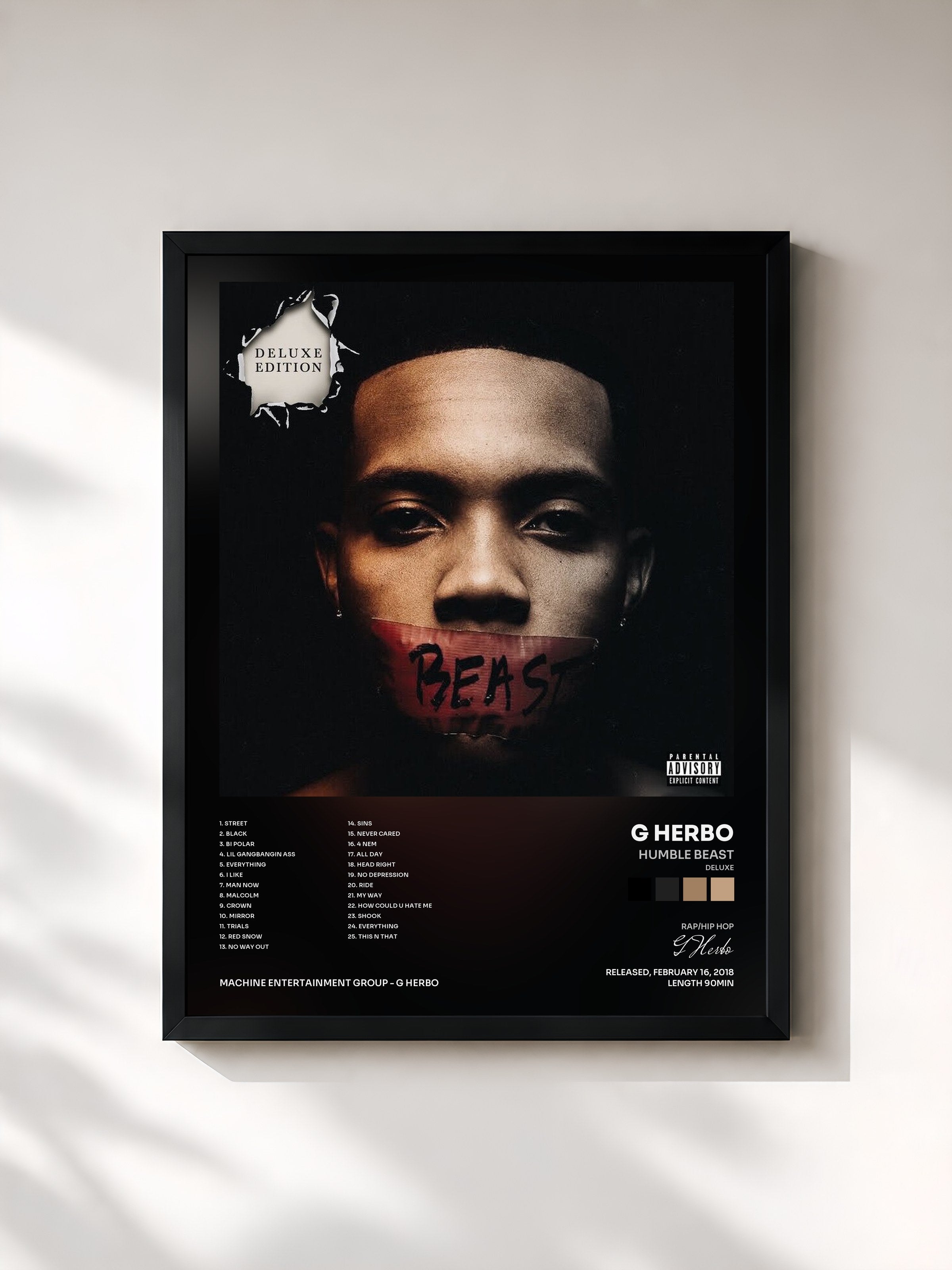#noir Tableau de l'album Humble Beast (Deluxe) de G Herbo, cadre noir, imprimé et encadré en France