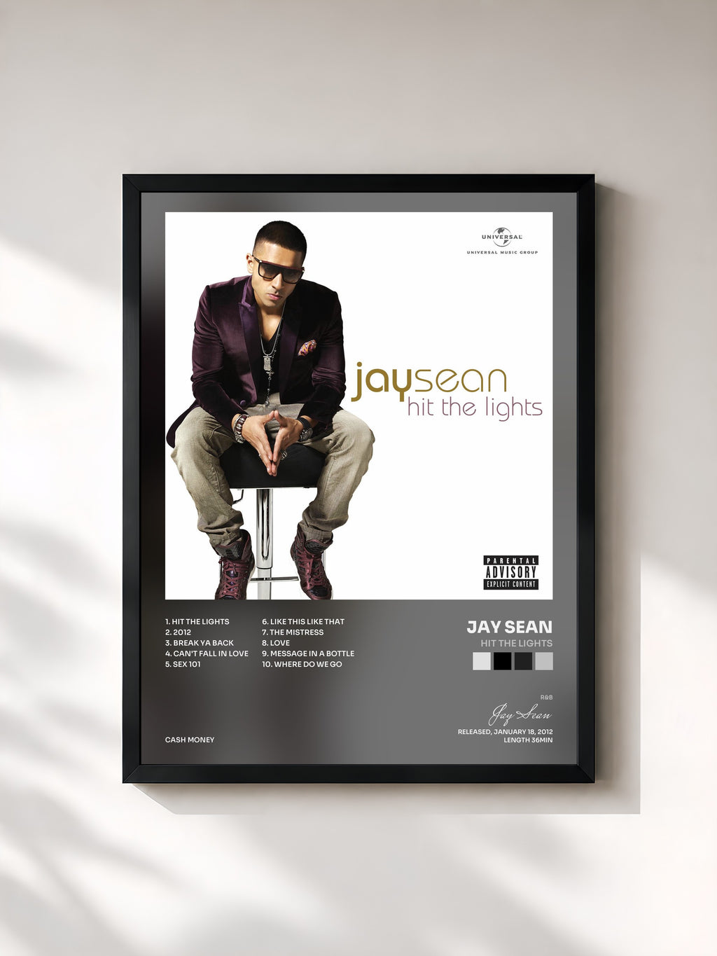 #noir Tableau de l'album Hit The Lights de Jay Sean, cadre noir, imprimé et encadré en France