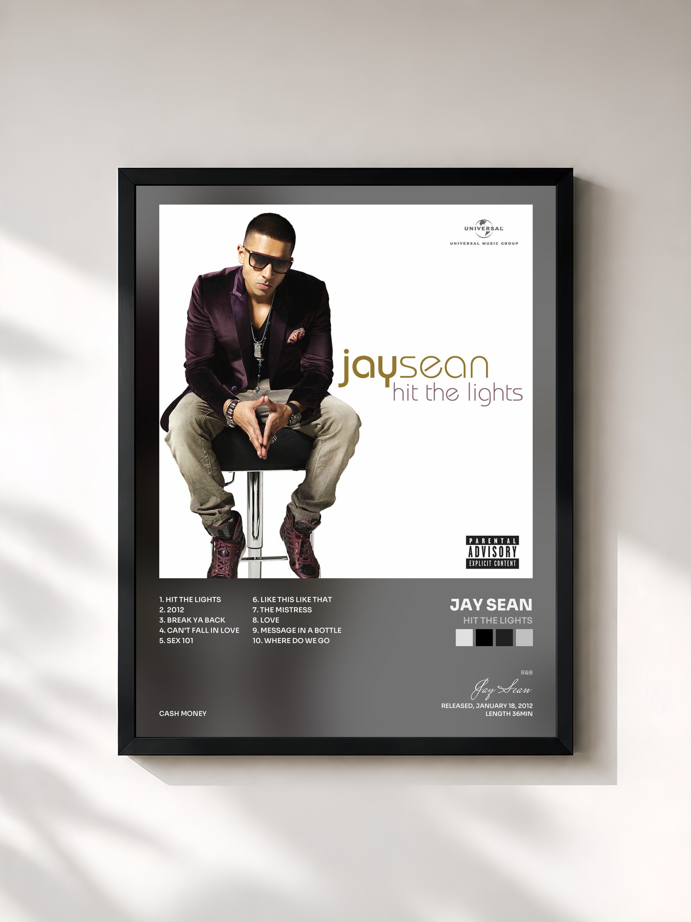 #noir Tableau de l'album Hit The Lights de Jay Sean, cadre noir, imprimé et encadré en France