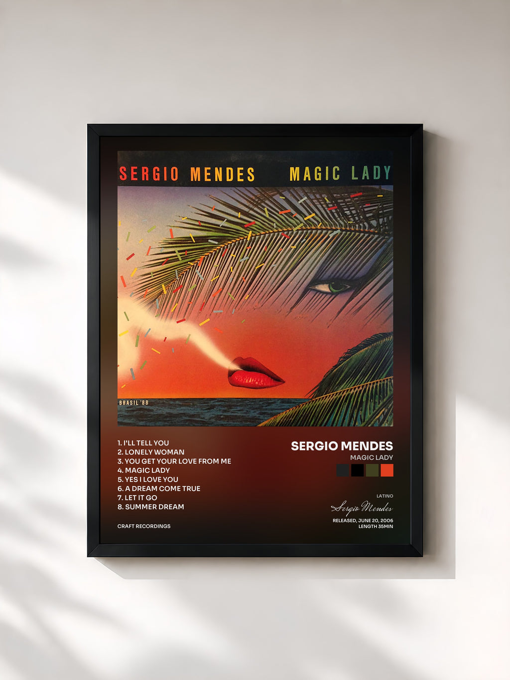 #noir Tableau de l'album Magic Lady de Sergio Mendes, cadre noir, imprimé et encadré en France