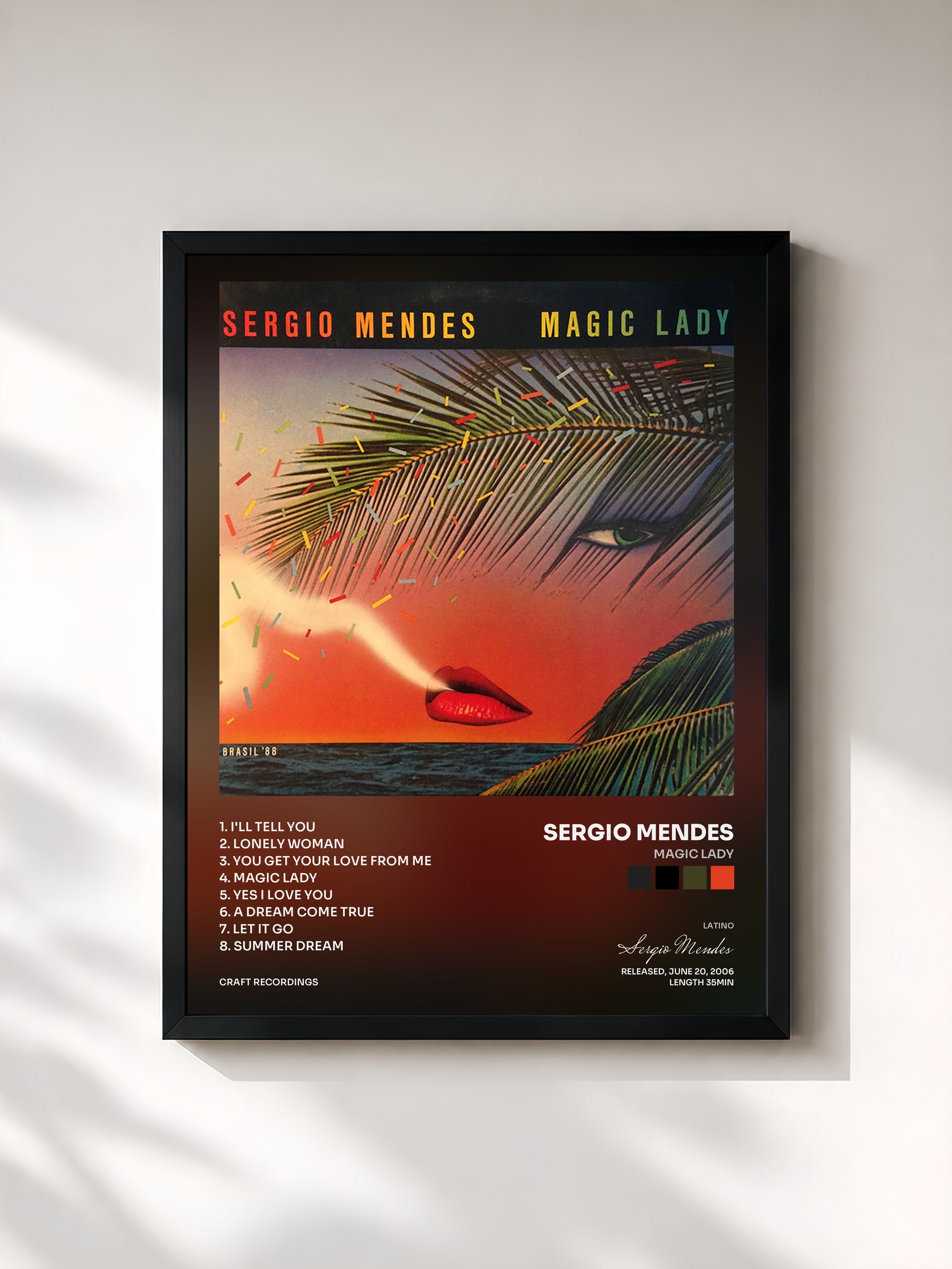 #noir Tableau de l'album Magic Lady de Sergio Mendes, cadre noir, imprimé et encadré en France