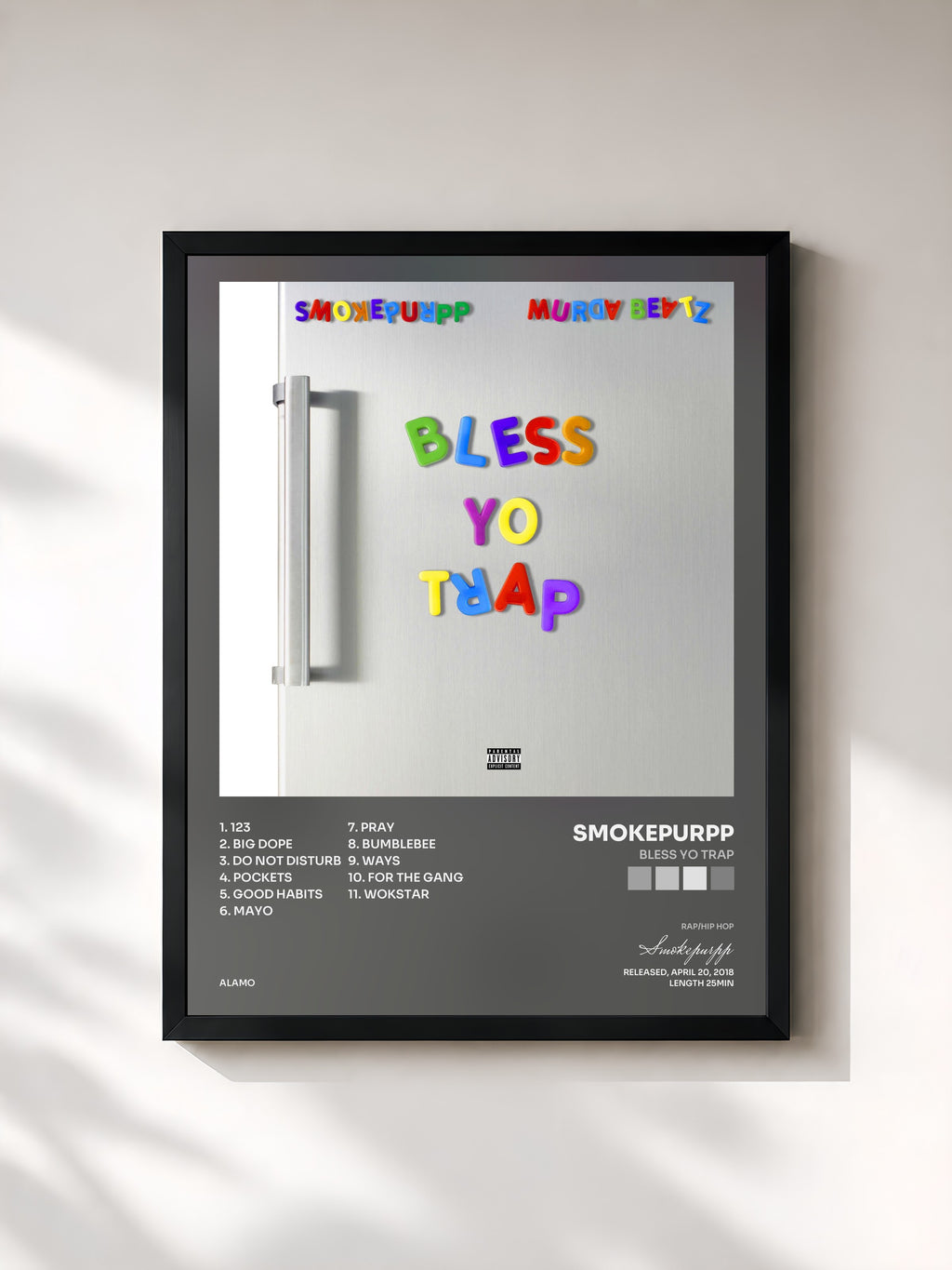 #noir Tableau de l'album Bless Yo Trap de Smokepurpp, cadre noir, imprimé et encadré en France
