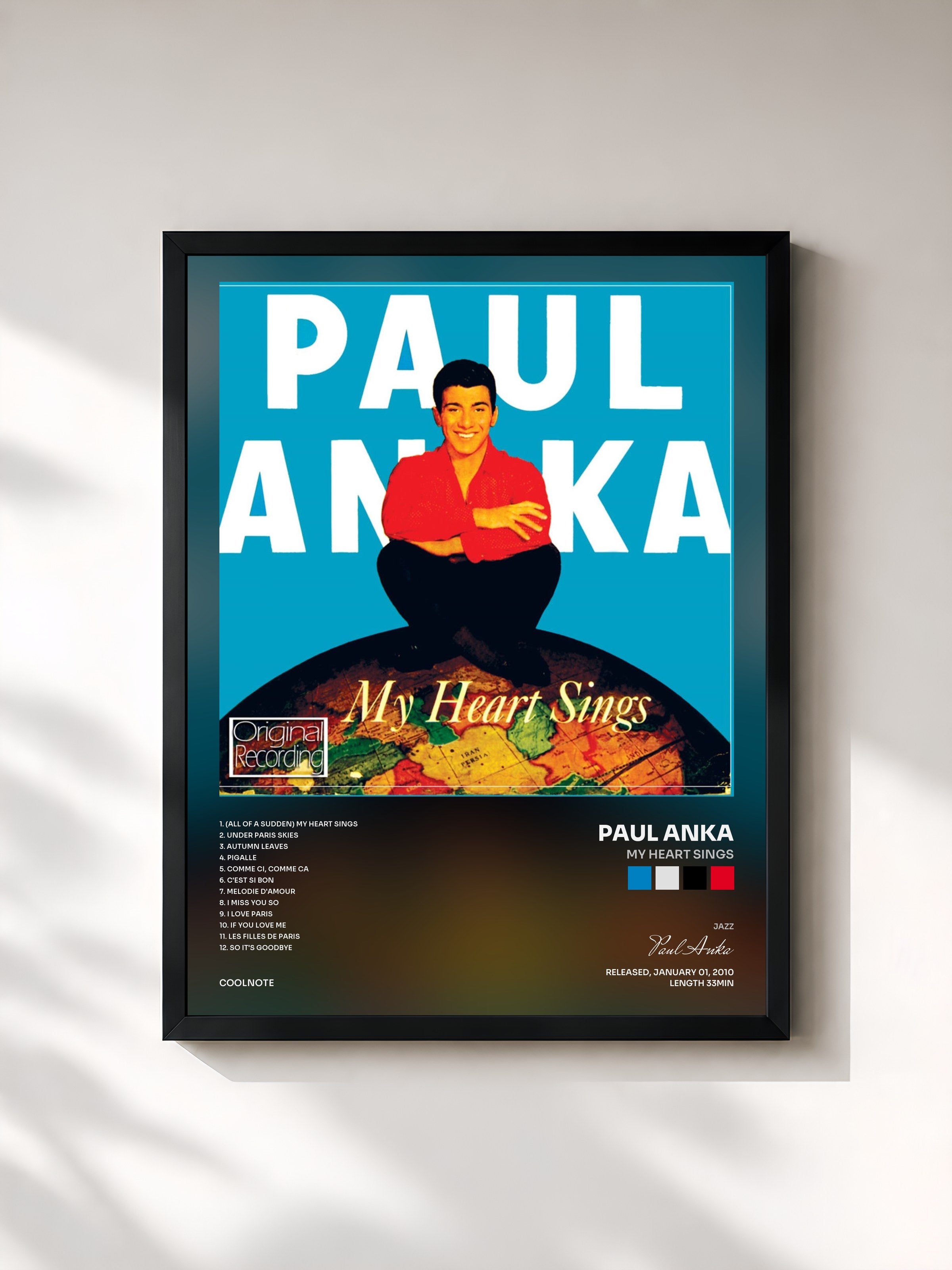 #noir Tableau de l'album My Heart Sings de Paul Anka, cadre noir, imprimé et encadré en France