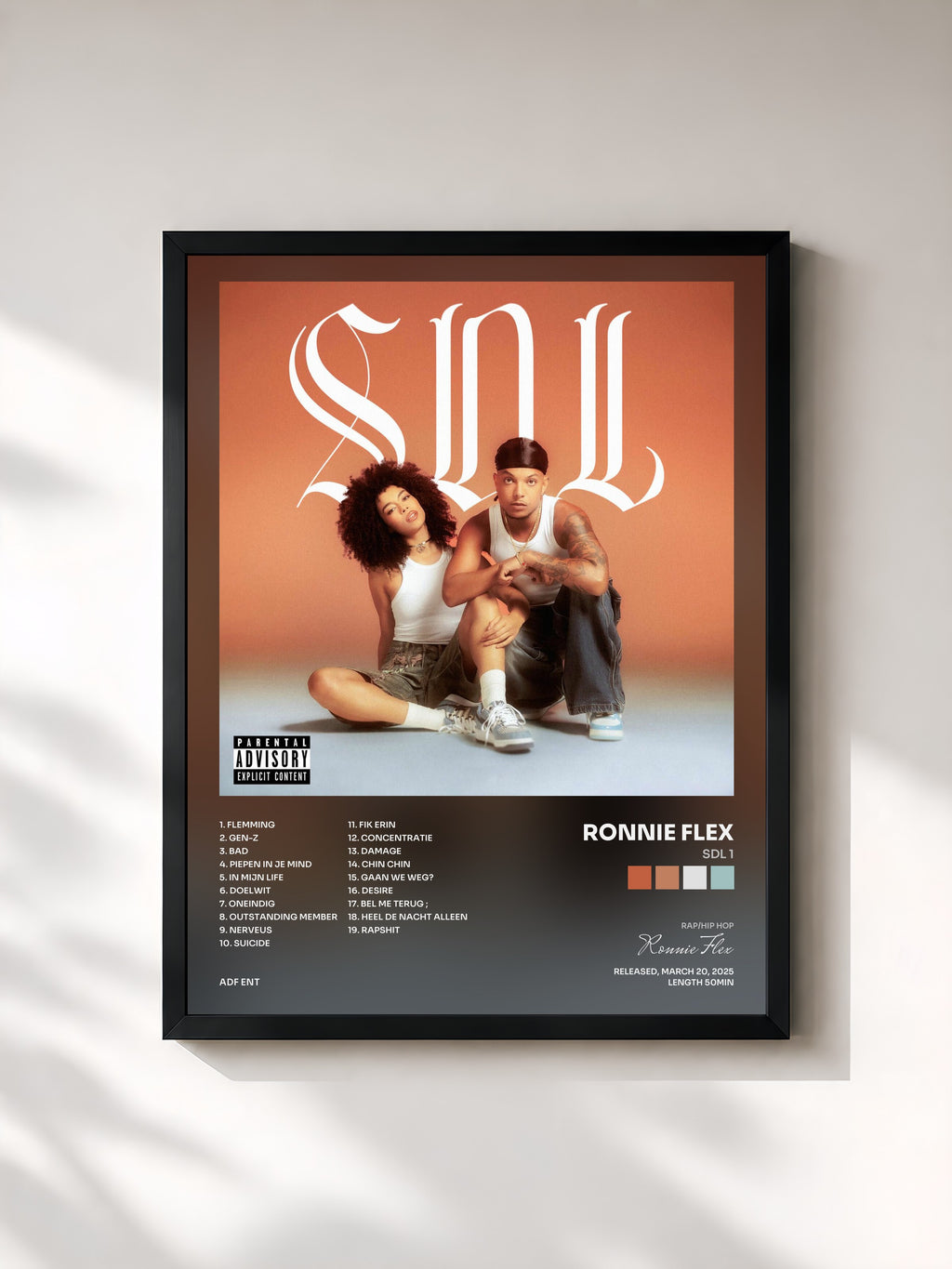 #noir Tableau de l'album SDL 1 de Ronnie Flex, cadre noir, imprimé et encadré en France