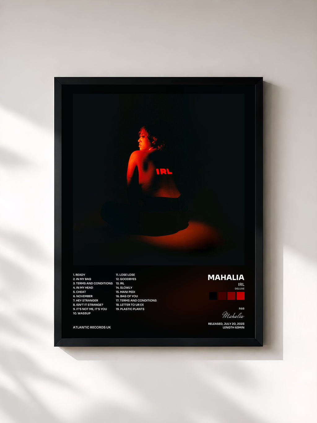 #noir Tableau de l'album IRL (Deluxe) de Mahalia, cadre noir, imprimé et encadré en France