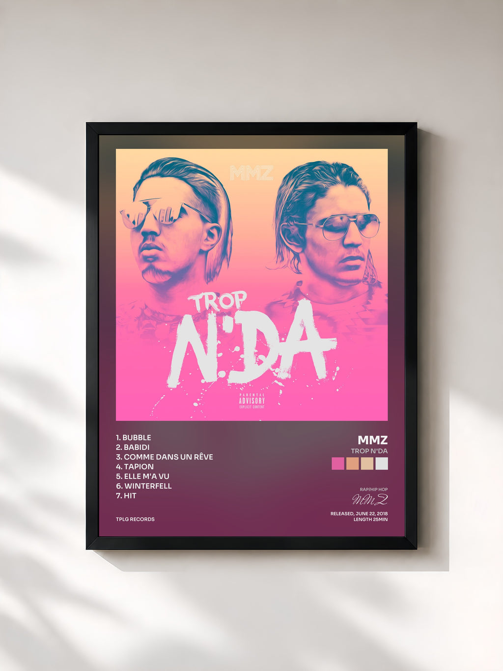 #noir Tableau de l'album Trop N'DA de MMZ, cadre noir, imprimé et encadré en France