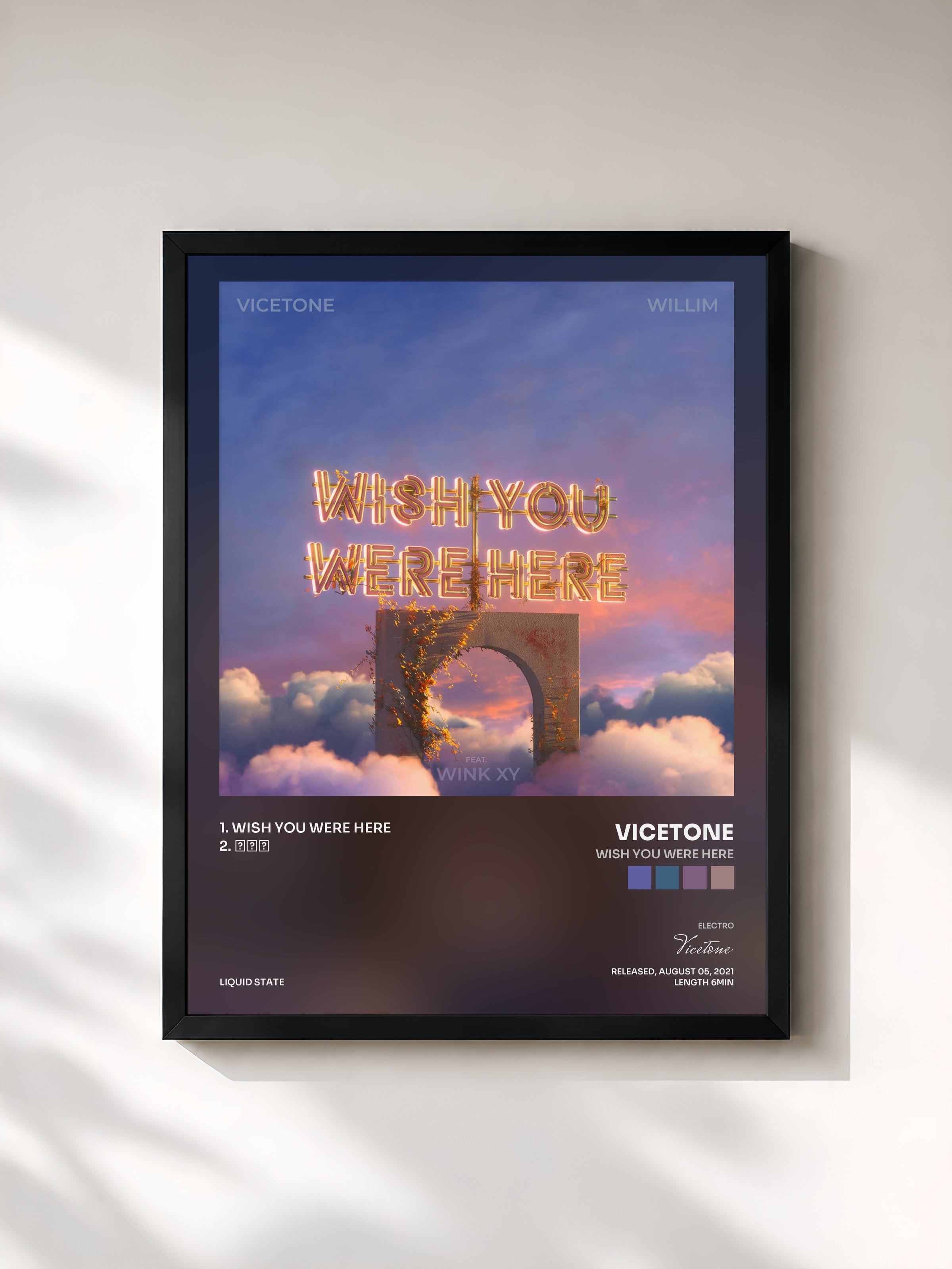 #noir Tableau de l'album Wish You Were Here de Vicetone, cadre noir, imprimé et encadré en France