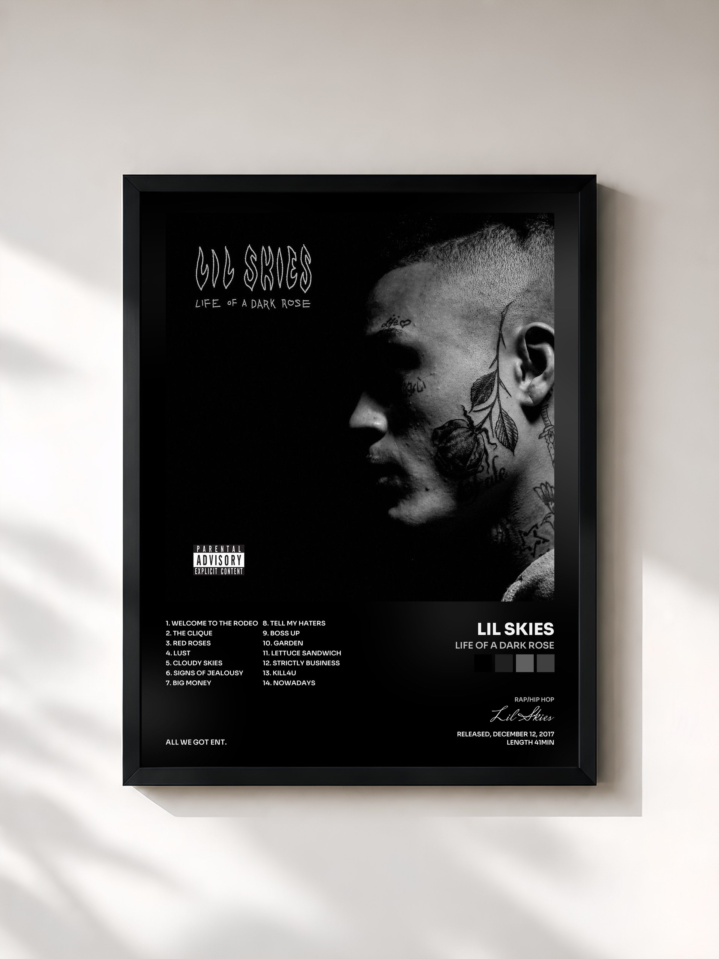#noir Tableau de l'album Life of a Dark Rose de Lil Skies, cadre noir, imprimé et encadré en France
