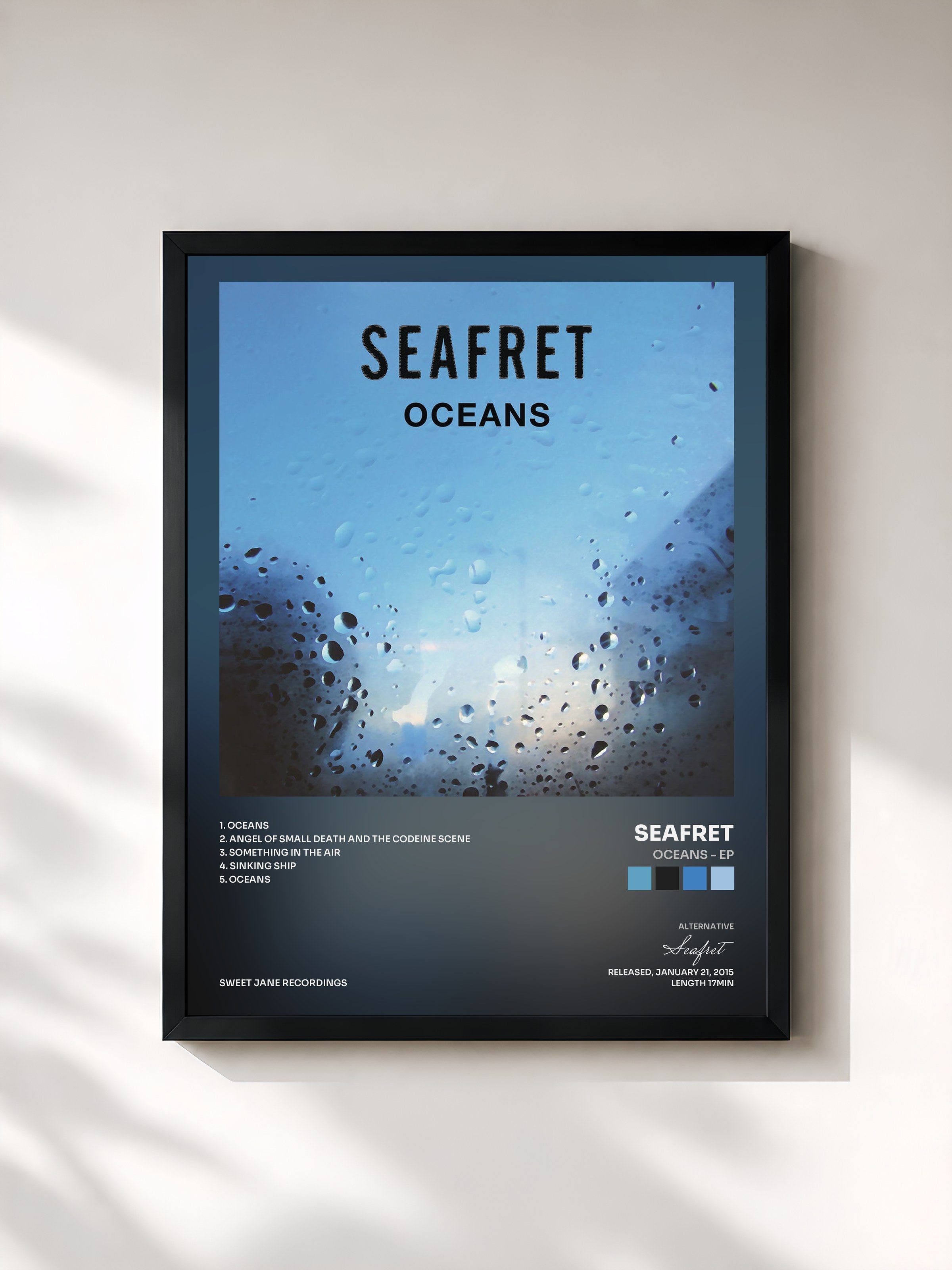 #noir Tableau de l'album Oceans - EP de Seafret, cadre noir, imprimé et encadré en France