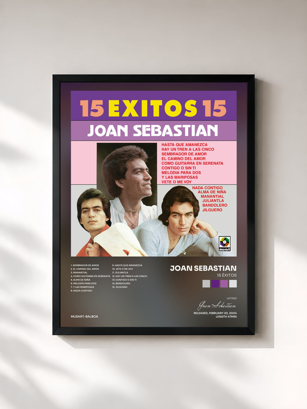 #noir Tableau de l'album 15 Éxitos de Joan Sebastian, cadre noir, imprimé et encadré en France