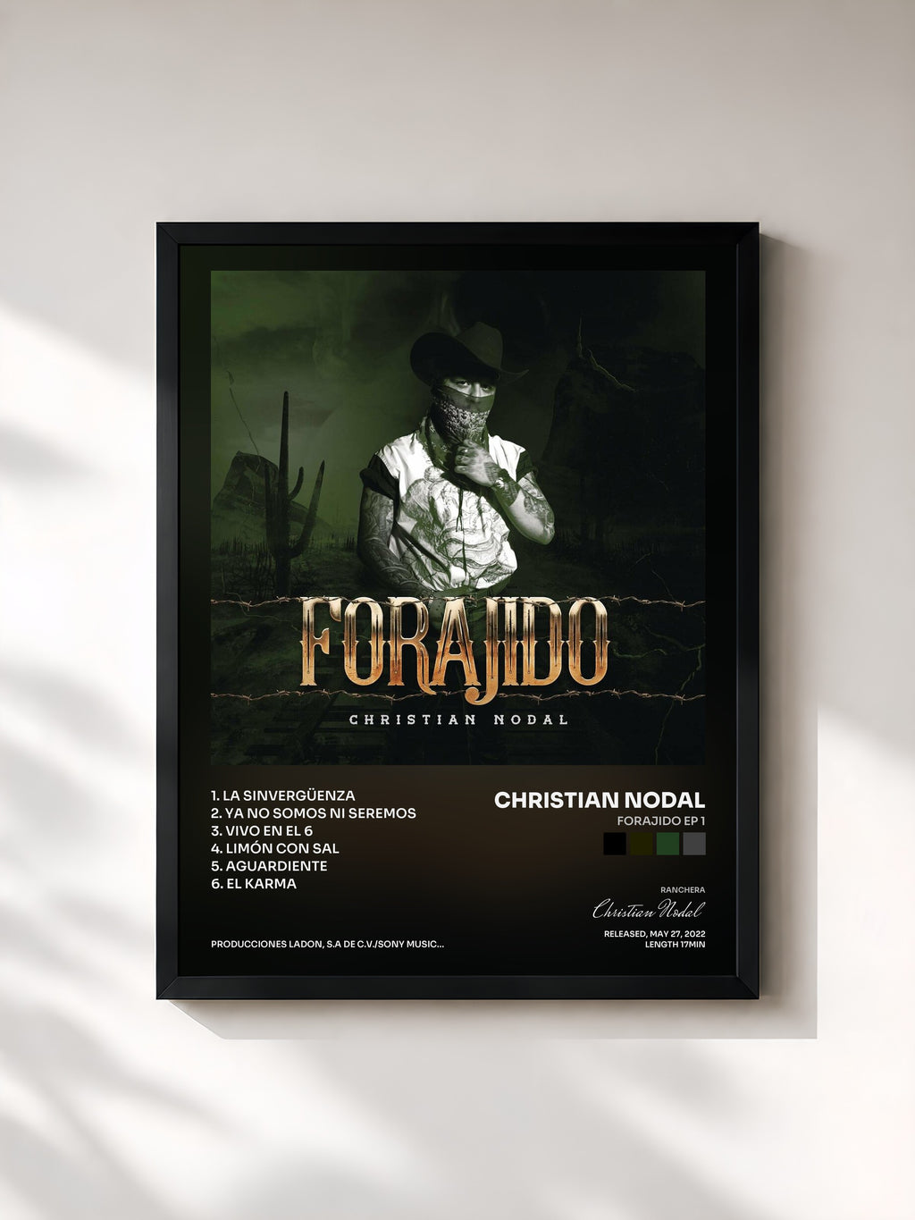 #noir Tableau de l'album Forajido EP 1 de Christian Nodal, cadre noir, imprimé et encadré en France