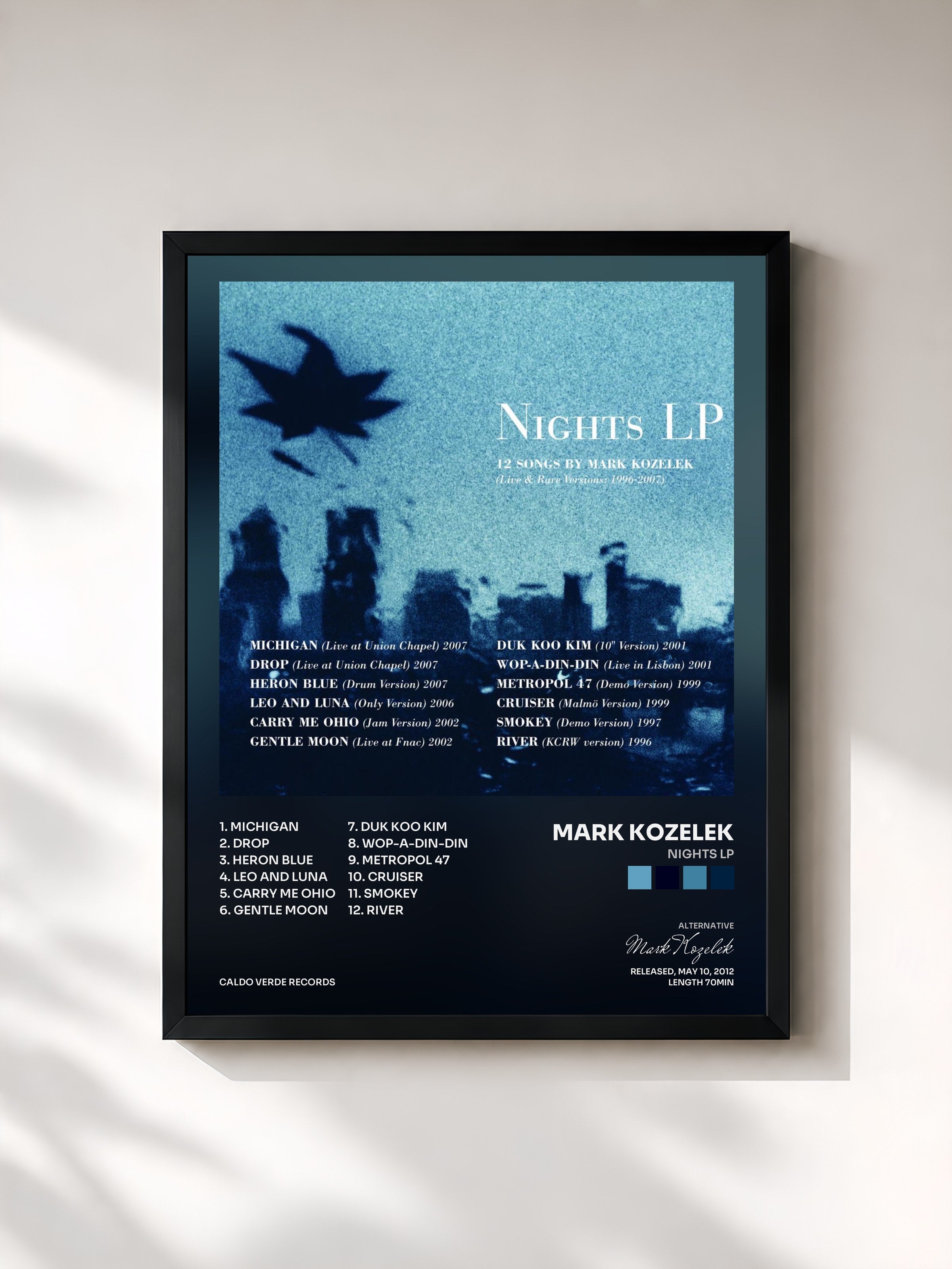 #noir Tableau de l'album Nights Lp de Mark Kozelek, cadre noir, imprimé et encadré en France