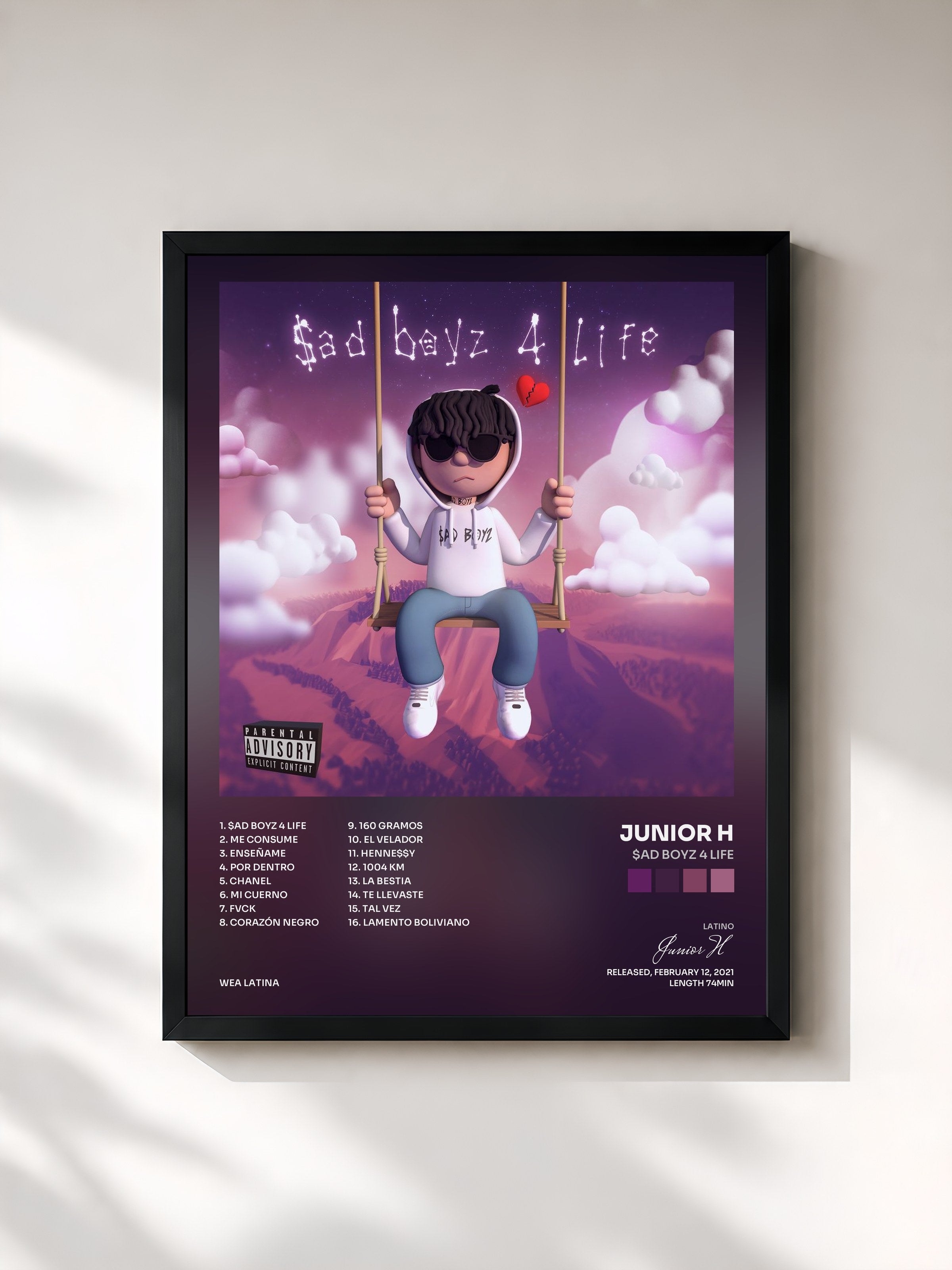 #noir Tableau de l'album $ad Boyz 4 Life de Junior H, cadre noir, imprimé et encadré en France