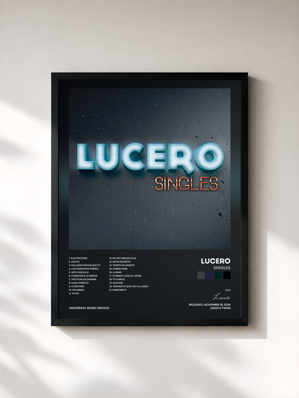 #noir Tableau de l'album Singles de Lucero, cadre noir, imprimé et encadré en France