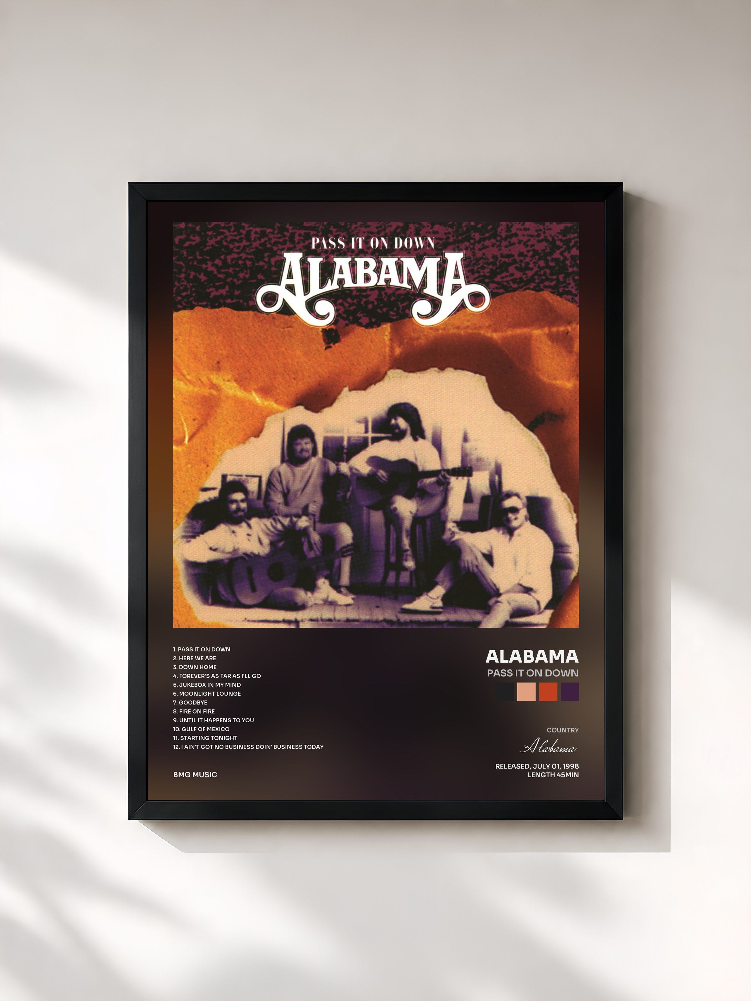 #noir Tableau de l'album Pass It On Down de Alabama, cadre noir, imprimé et encadré en France