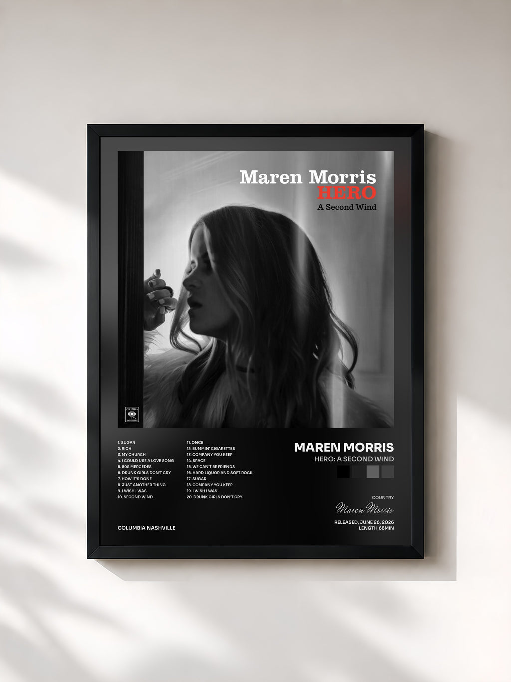 #noir Tableau de l'album HERO: A Second Wind de Maren Morris, cadre noir, imprimé et encadré en France