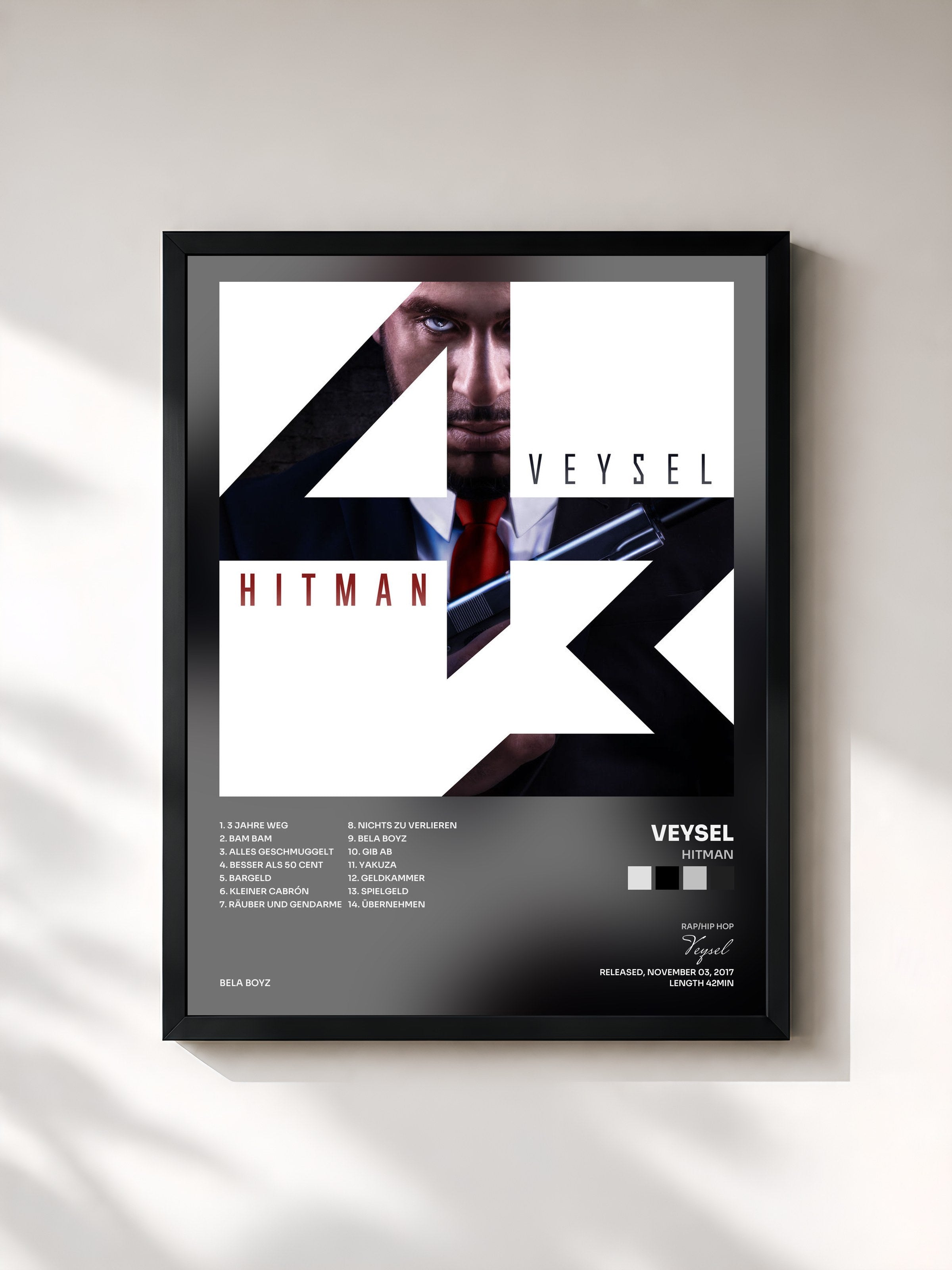 #noir Tableau de l'album Hitman de Veysel, cadre noir, imprimé et encadré en France