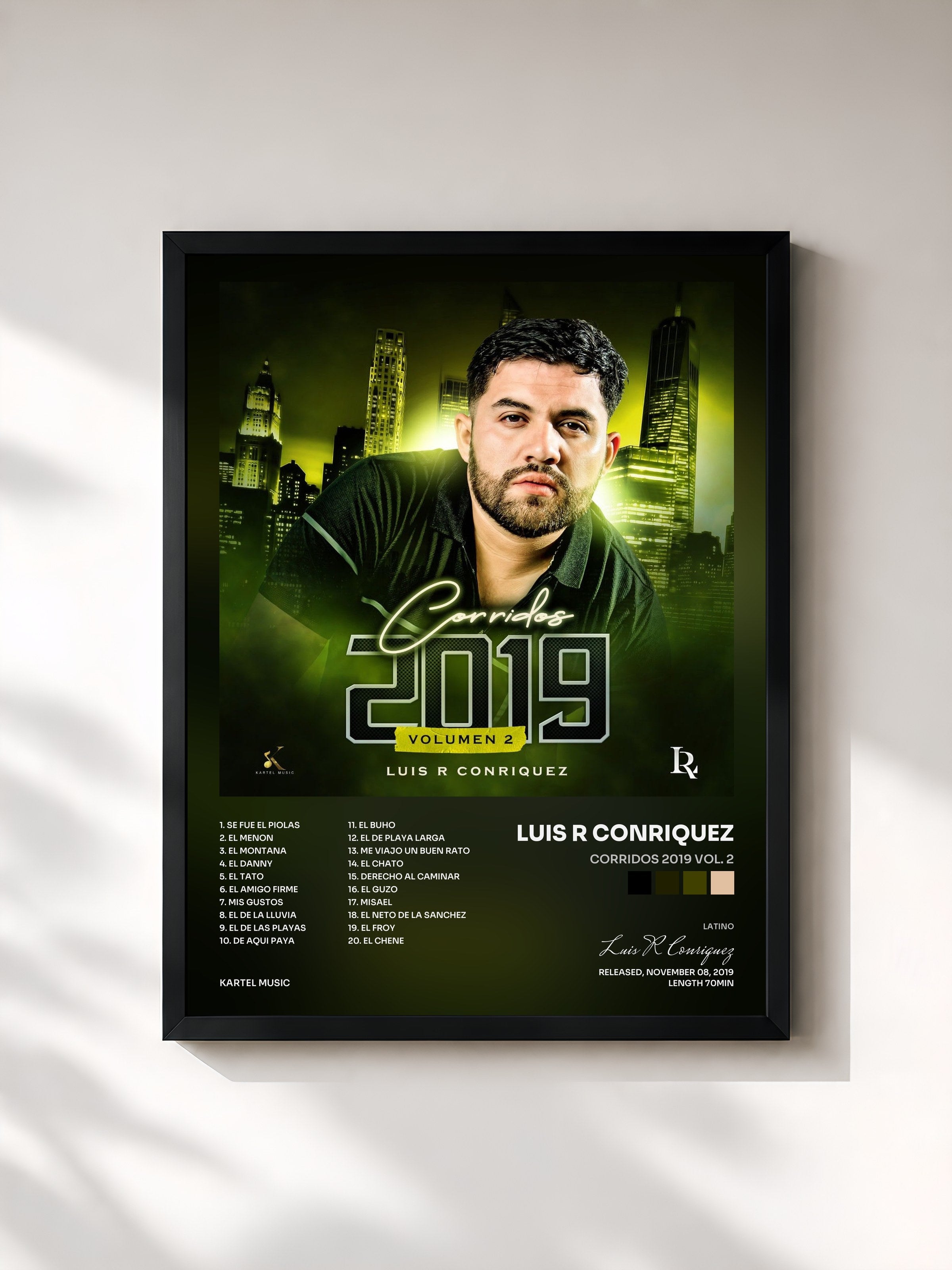 #noir Tableau de l'album Corridos 2019 Vol. 2 de Luis R Conriquez, cadre noir, imprimé et encadré en France