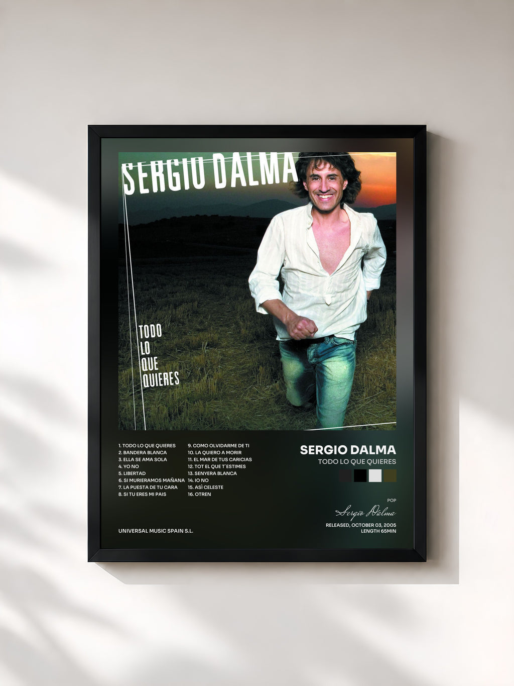 #noir Tableau de l'album Todo Lo Que Quieres de Sergio Dalma, cadre noir, imprimé et encadré en France