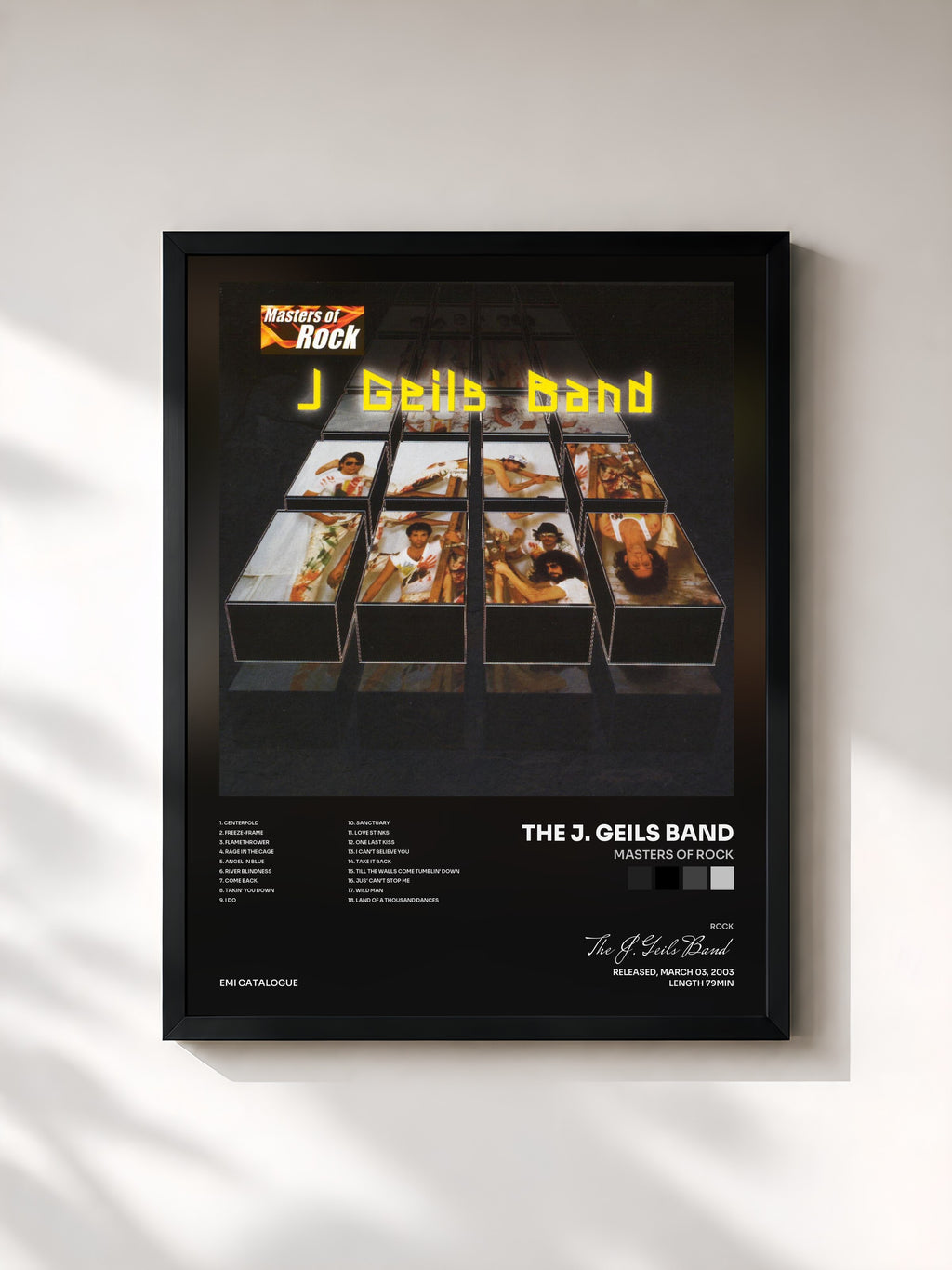#noir Tableau de l'album Masters Of Rock de The J. Geils Band, cadre noir, imprimé et encadré en France