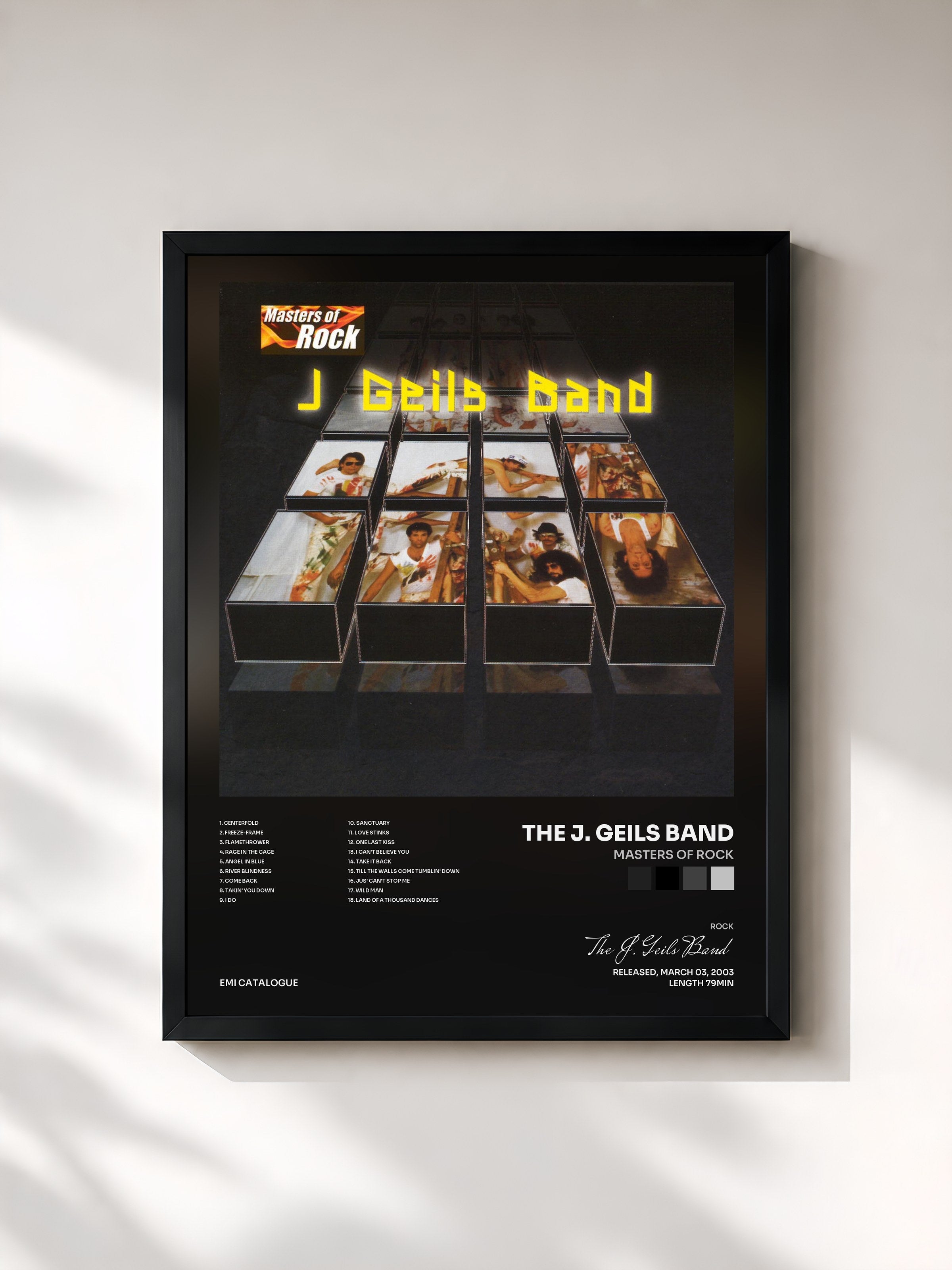 #noir Tableau de l'album Masters Of Rock de The J. Geils Band, cadre noir, imprimé et encadré en France