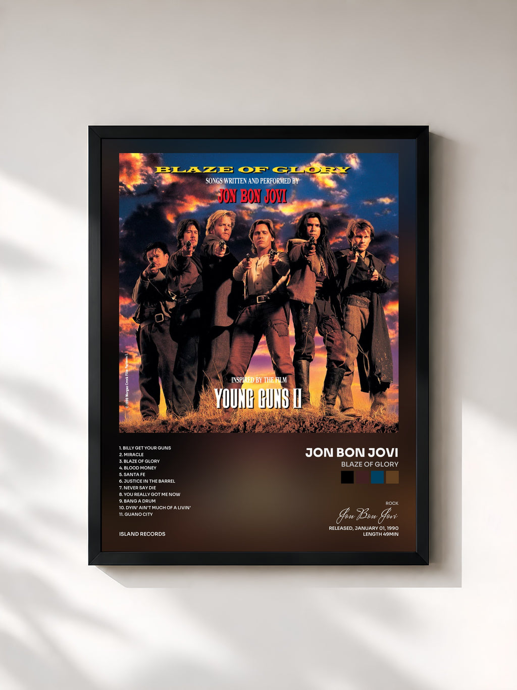 #noir Tableau de l'album Blaze Of Glory de Jon Bon Jovi, cadre noir, imprimé et encadré en France