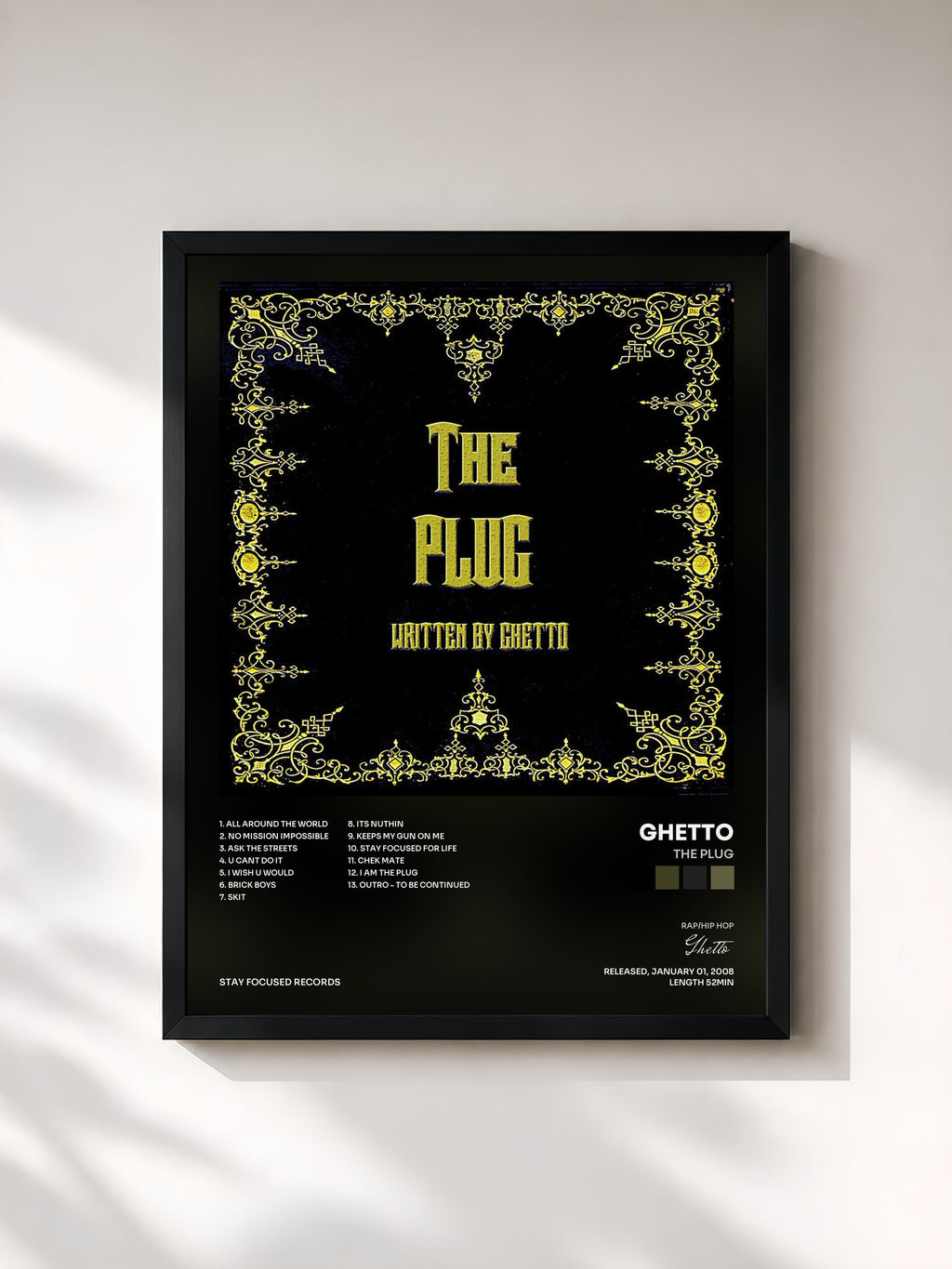 #noir Tableau de l'album The Plug de Ghetto, cadre noir, imprimé et encadré en France