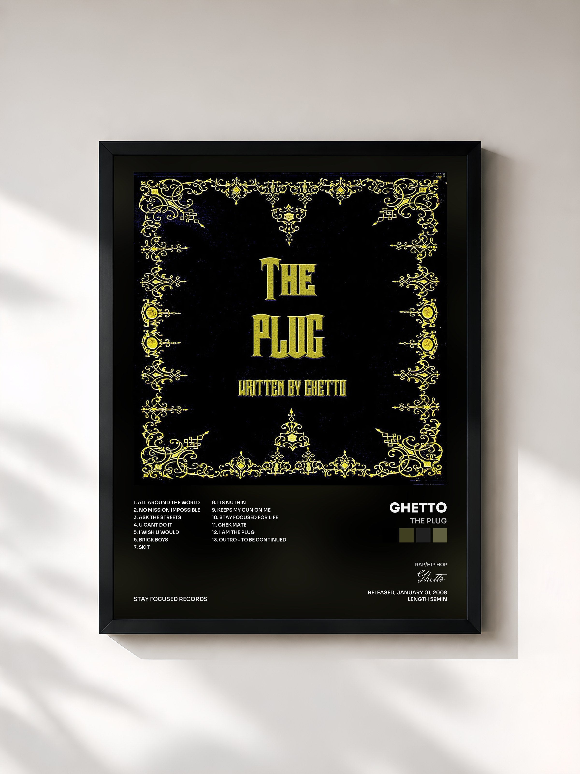 #noir Tableau de l'album The Plug de Ghetto, cadre noir, imprimé et encadré en France