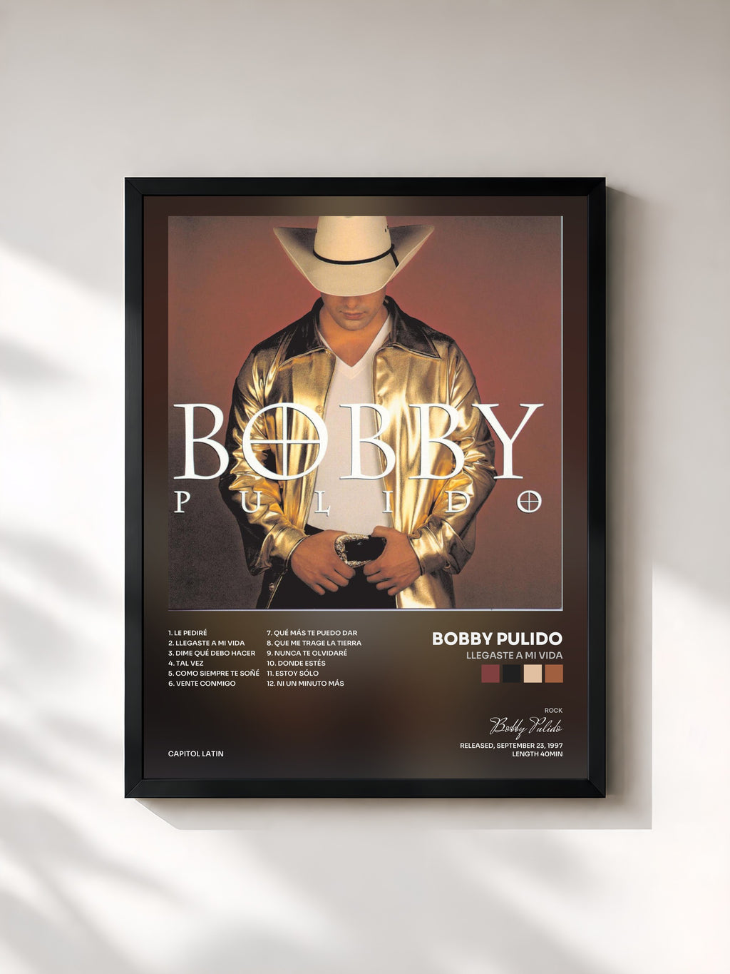 #noir Tableau de l'album Llegaste A Mi Vida de Bobby Pulido, cadre noir, imprimé et encadré en France