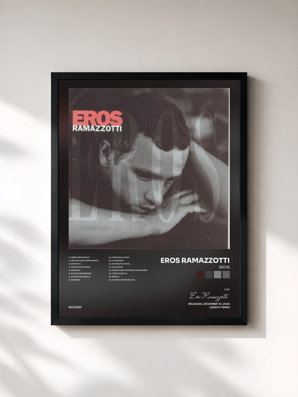 #noir Tableau de l'album Eros de Eros Ramazzotti, cadre noir, imprimé et encadré en France