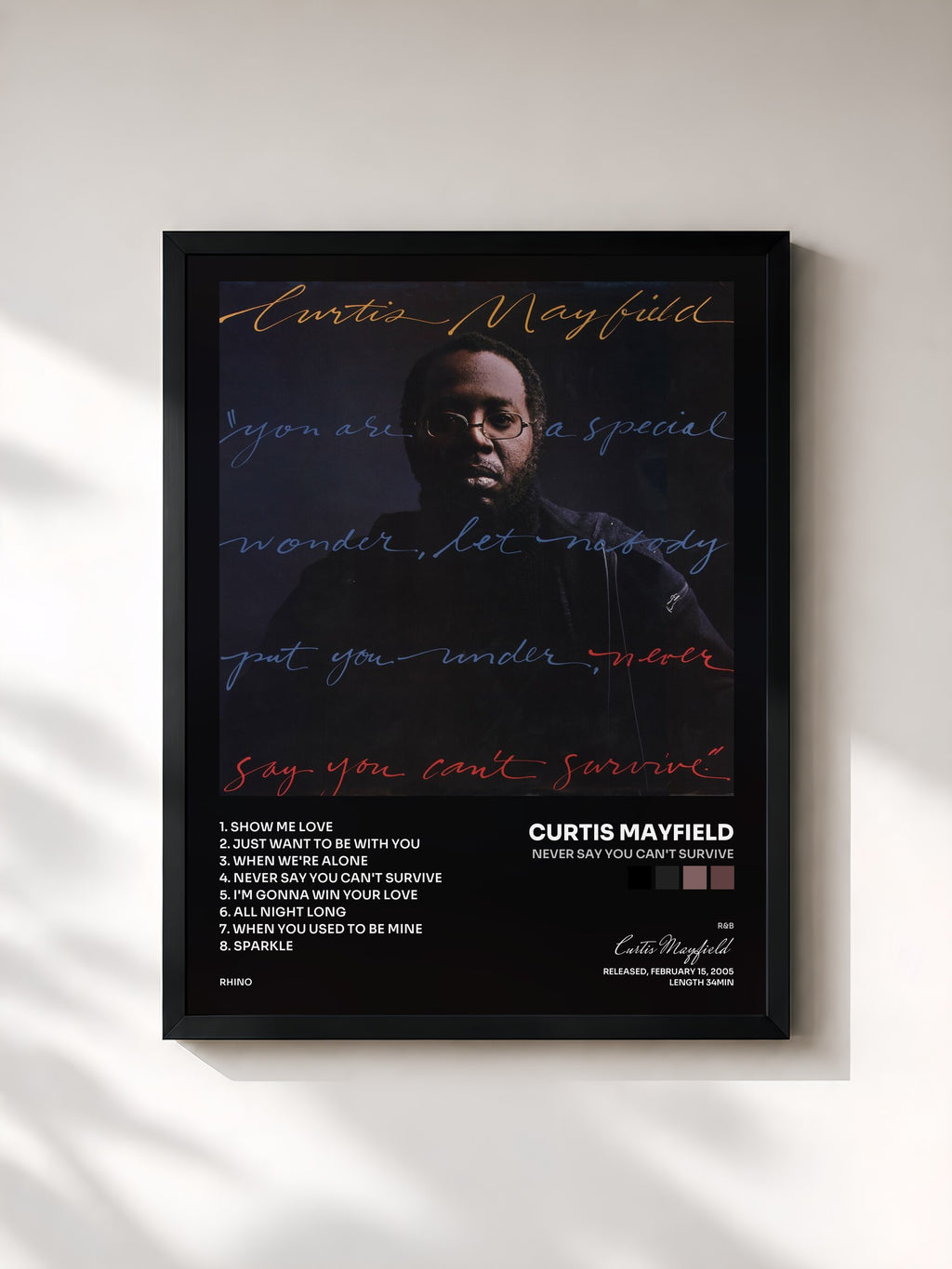 #noir Tableau de l'album Never Say You Can't Survive de Curtis Mayfield, cadre noir, imprimé et encadré en France