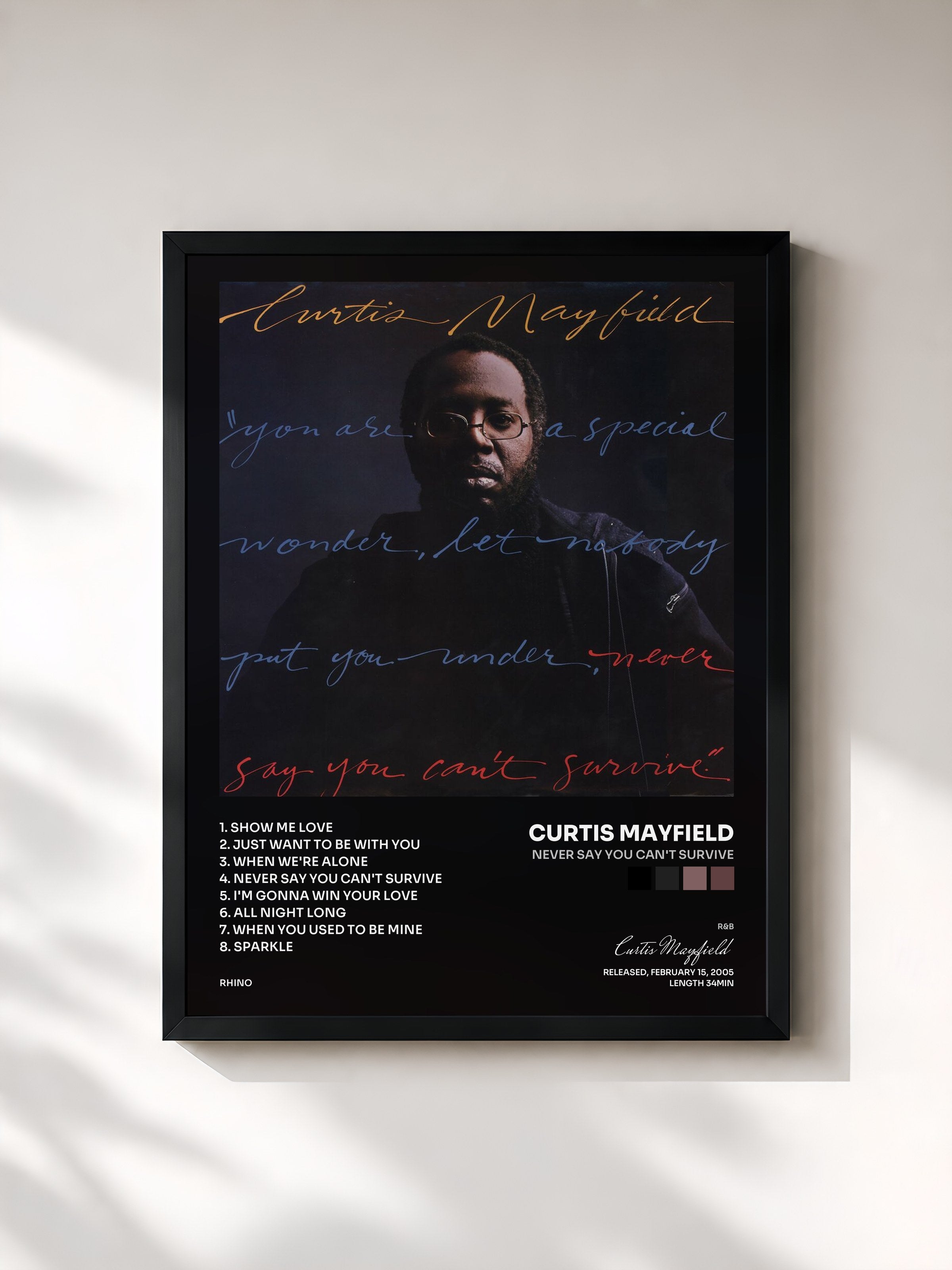 #noir Tableau de l'album Never Say You Can't Survive de Curtis Mayfield, cadre noir, imprimé et encadré en France