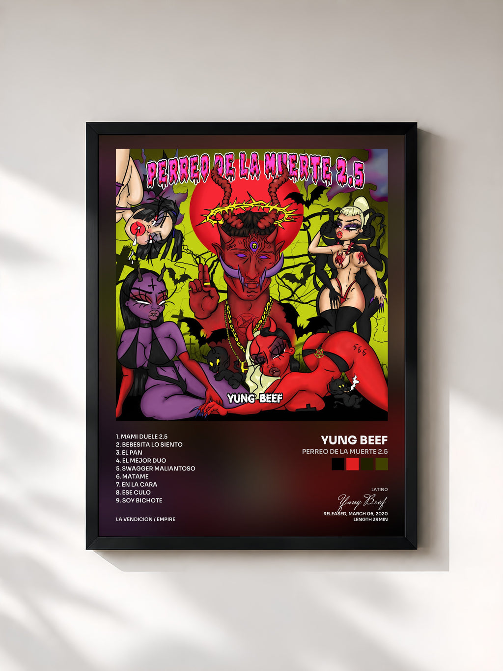 #noir Tableau de l'album Perreo de la Muerte 2.5 de Yung Beef, cadre noir, imprimé et encadré en France