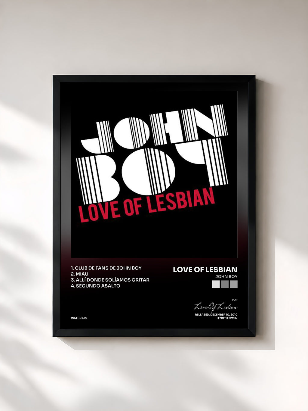 #noir Tableau de l'album John boy de Love Of Lesbian, cadre noir, imprimé et encadré en France